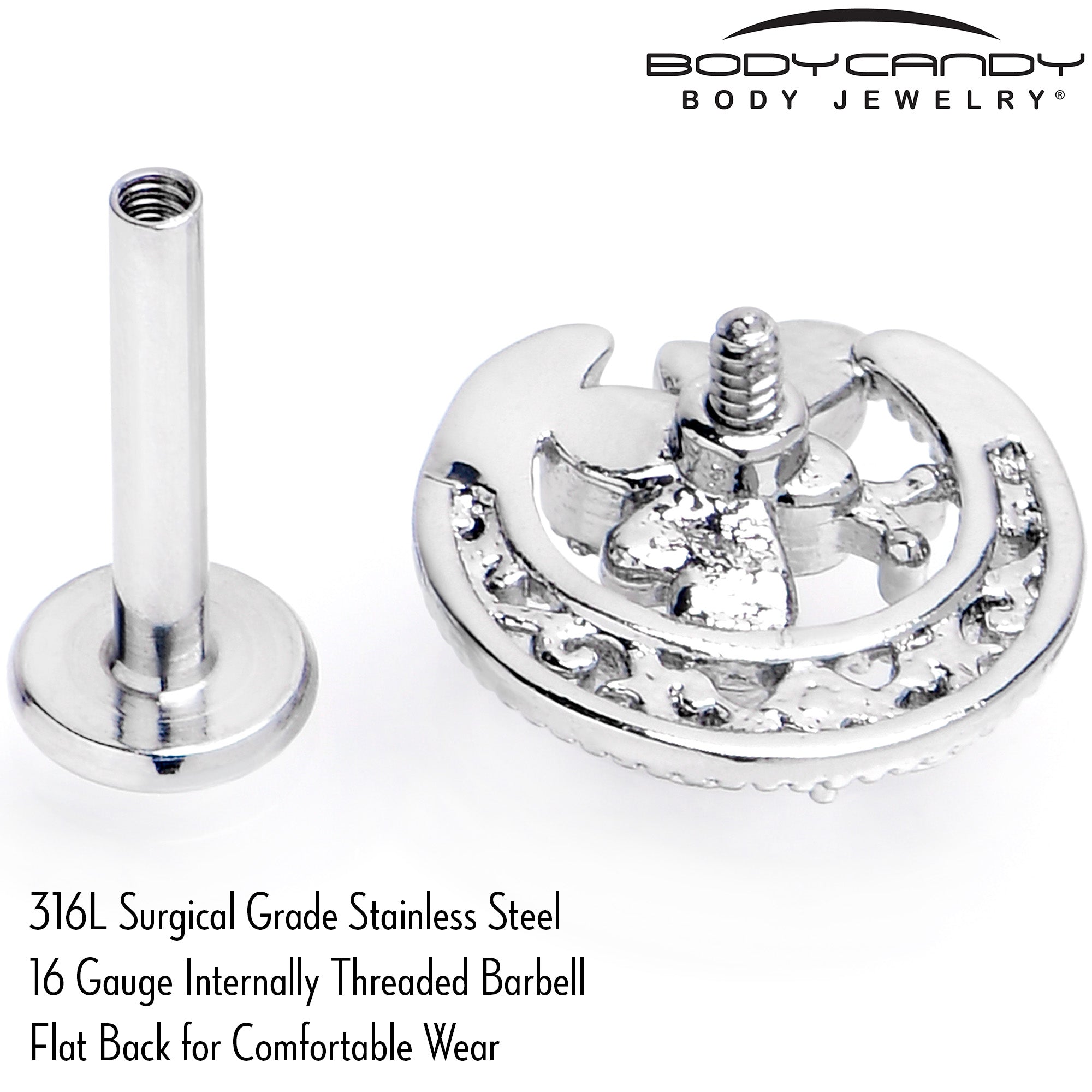 BodyCandy 16G 5/16 Pink Gem Lunar Dragonfly Internally Threaded Labret Tragus — back view