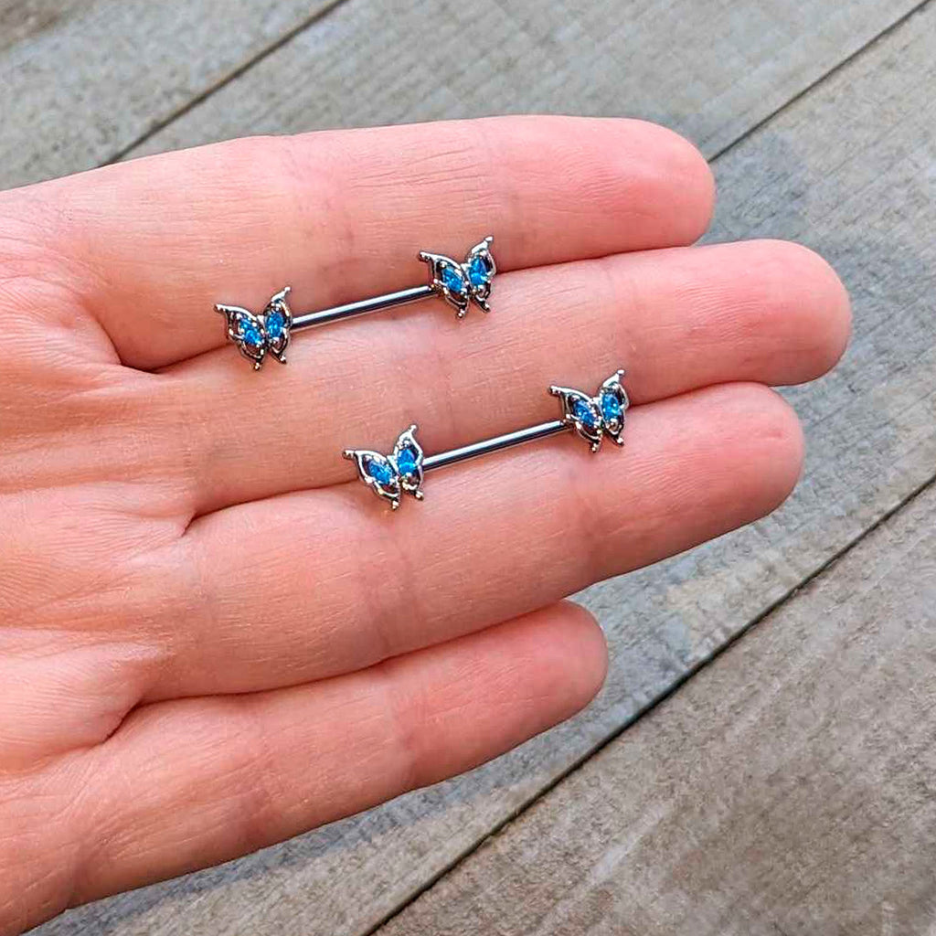 BodyCandy 14G 9/16 Blue Gem Fancy Fab Butterfly Barbell Nipple Ring Set — detail close-up