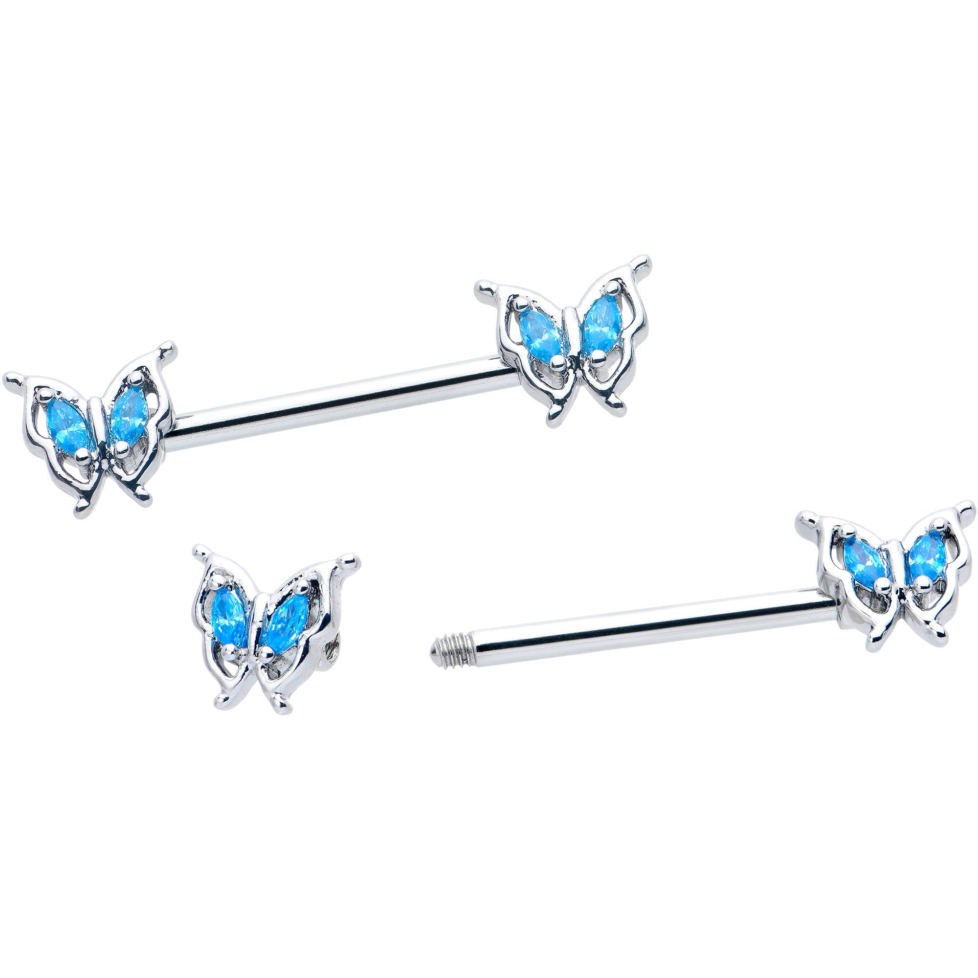 BodyCandy 14G 9/16 Blue Gem Fancy Fab Butterfly Barbell Nipple Ring Set — side view