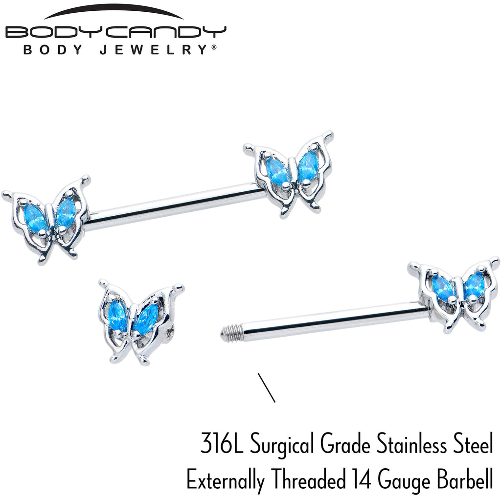 BodyCandy 14G 9/16 Blue Gem Fancy Fab Butterfly Barbell Nipple Ring Set — back view