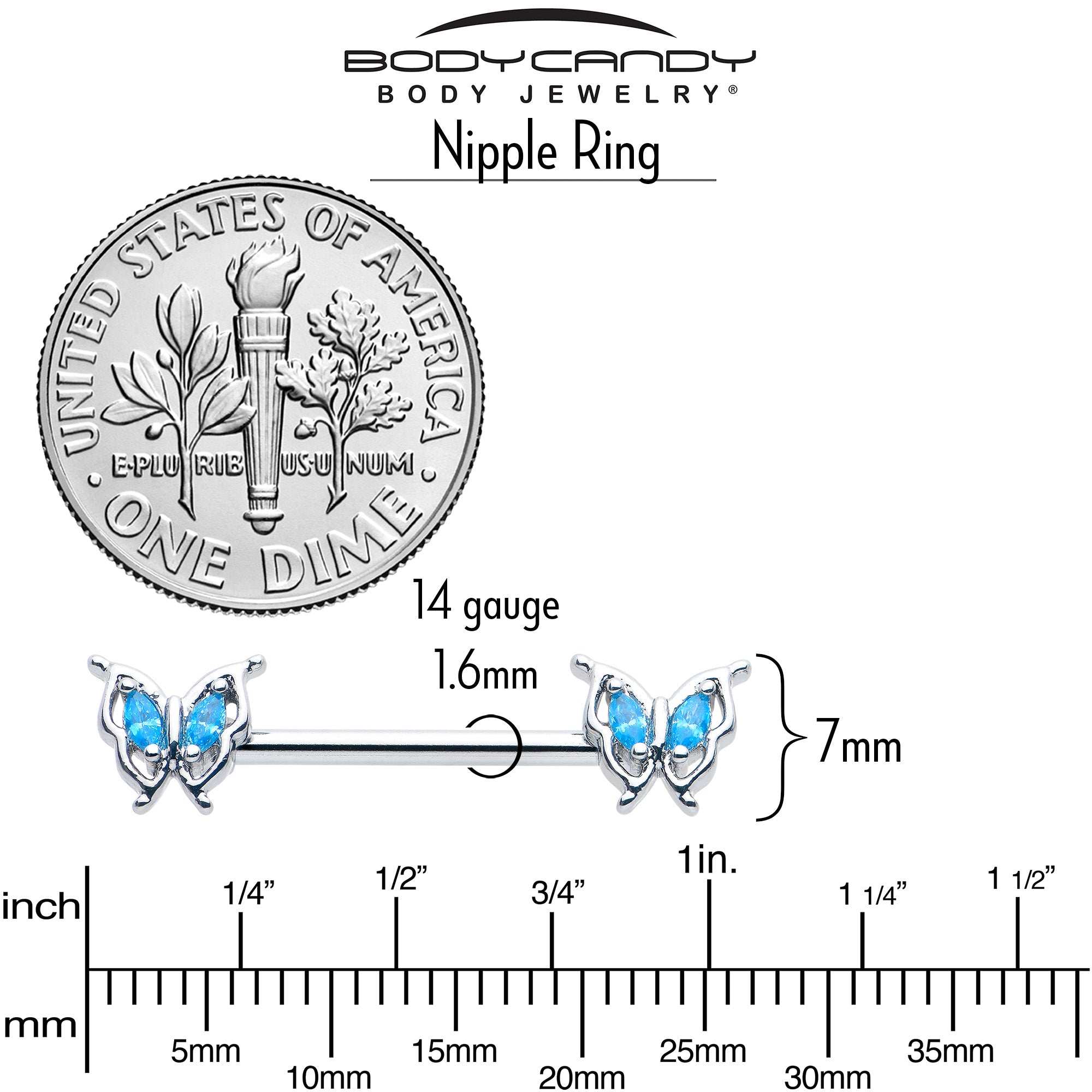 BodyCandy 14G 9/16 Blue Gem Fancy Fab Butterfly Barbell Nipple Ring Set — alternative angle