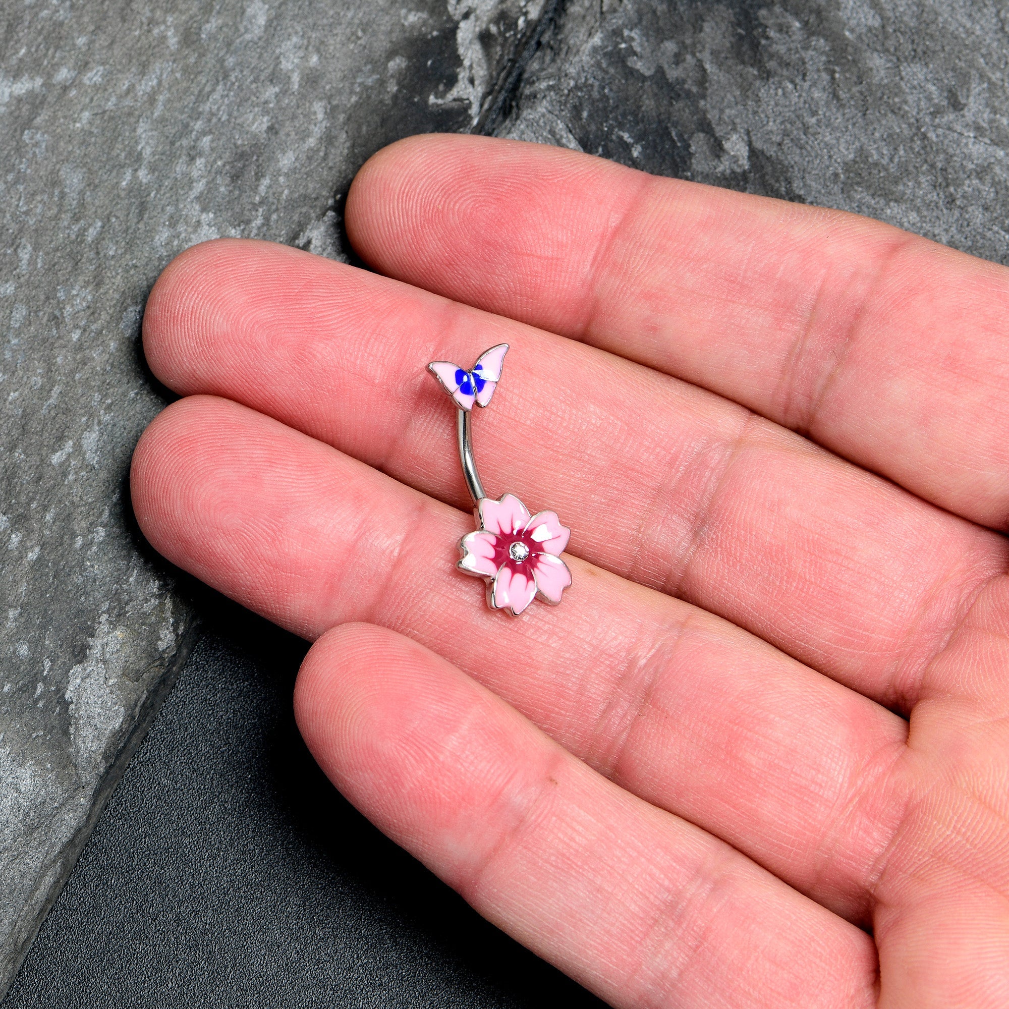 BodyCandy Clear Gem Perfectly Pink Flower Butterfly Double Mount Belly Ring — lifestyle context