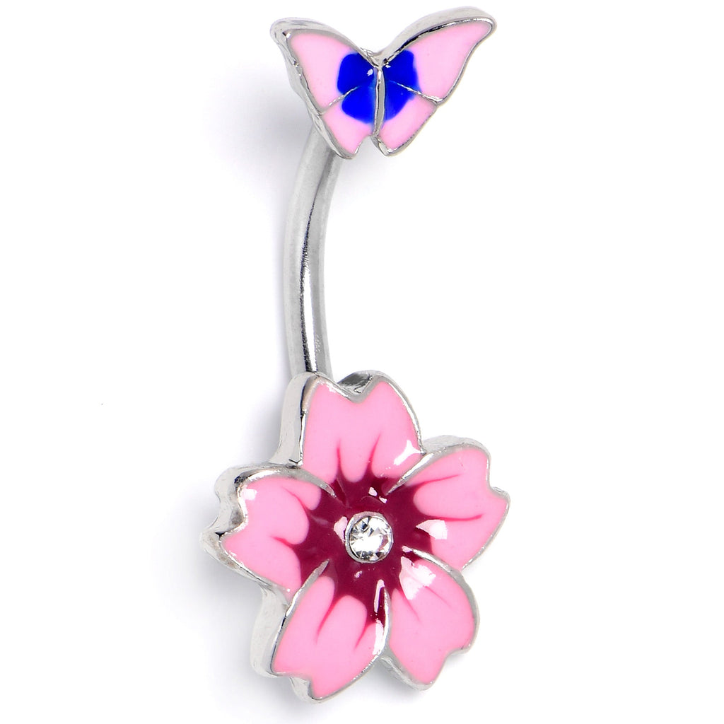 BodyCandy Clear Gem Perfectly Pink Flower Butterfly Double Mount Belly Ring — side view