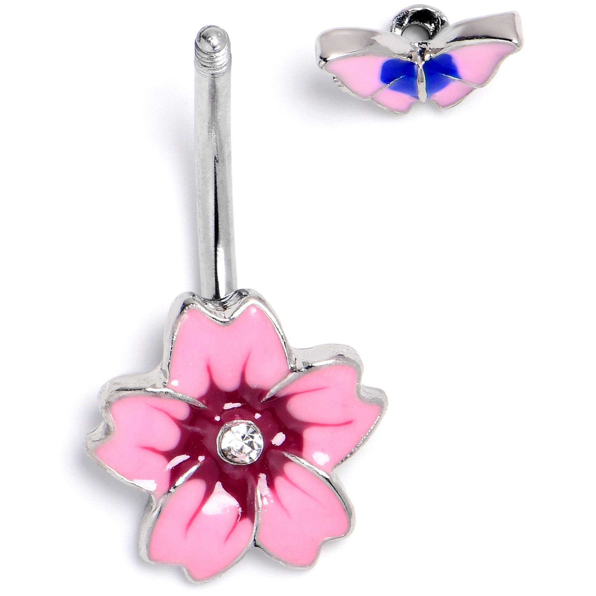 BodyCandy Clear Gem Perfectly Pink Flower Butterfly Double Mount Belly Ring — back view