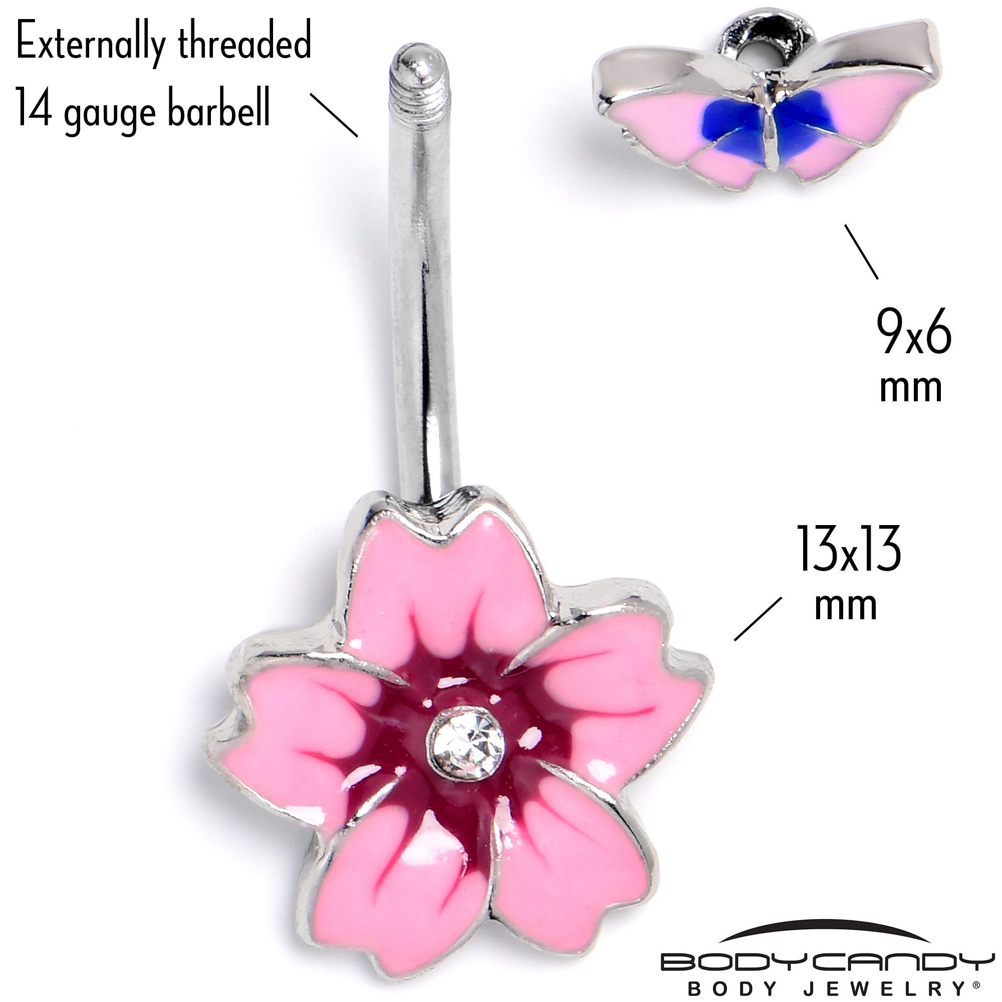 BodyCandy Clear Gem Perfectly Pink Flower Butterfly Double Mount Belly Ring — alternative angle