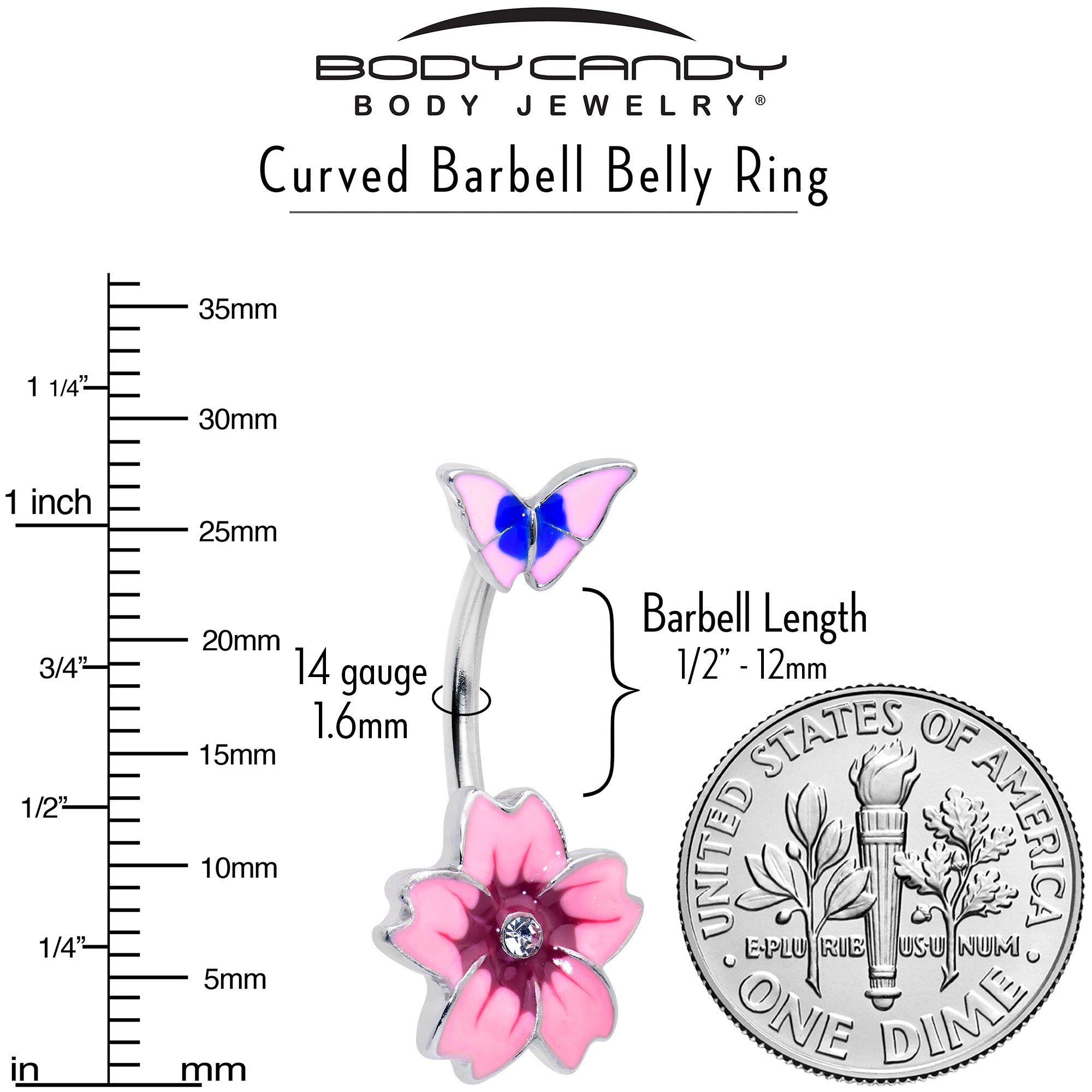 BodyCandy Clear Gem Perfectly Pink Flower Butterfly Double Mount Belly Ring — in-use photo
