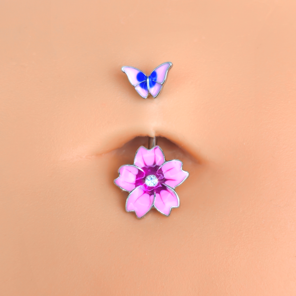 BodyCandy Clear Gem Perfectly Pink Flower Butterfly Double Mount Belly Ring — detail close-up