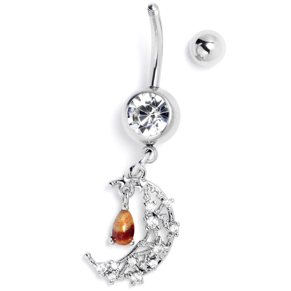 BodyCandy Orange Clear Gem Constellation Moon Dangle Belly Ring — side view