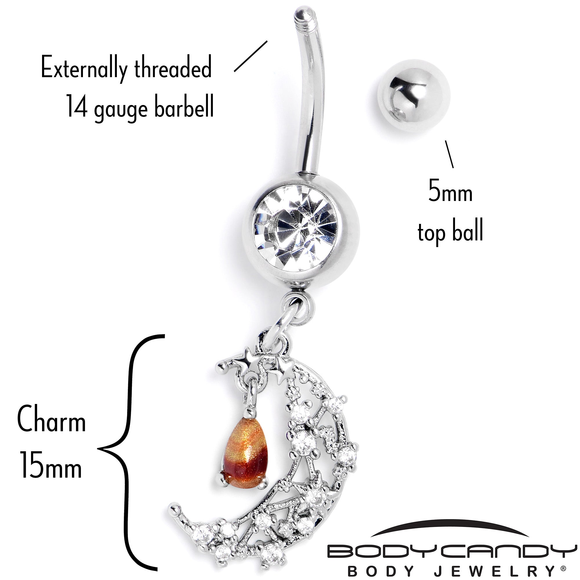 BodyCandy Orange Clear Gem Constellation Moon Dangle Belly Ring — back view