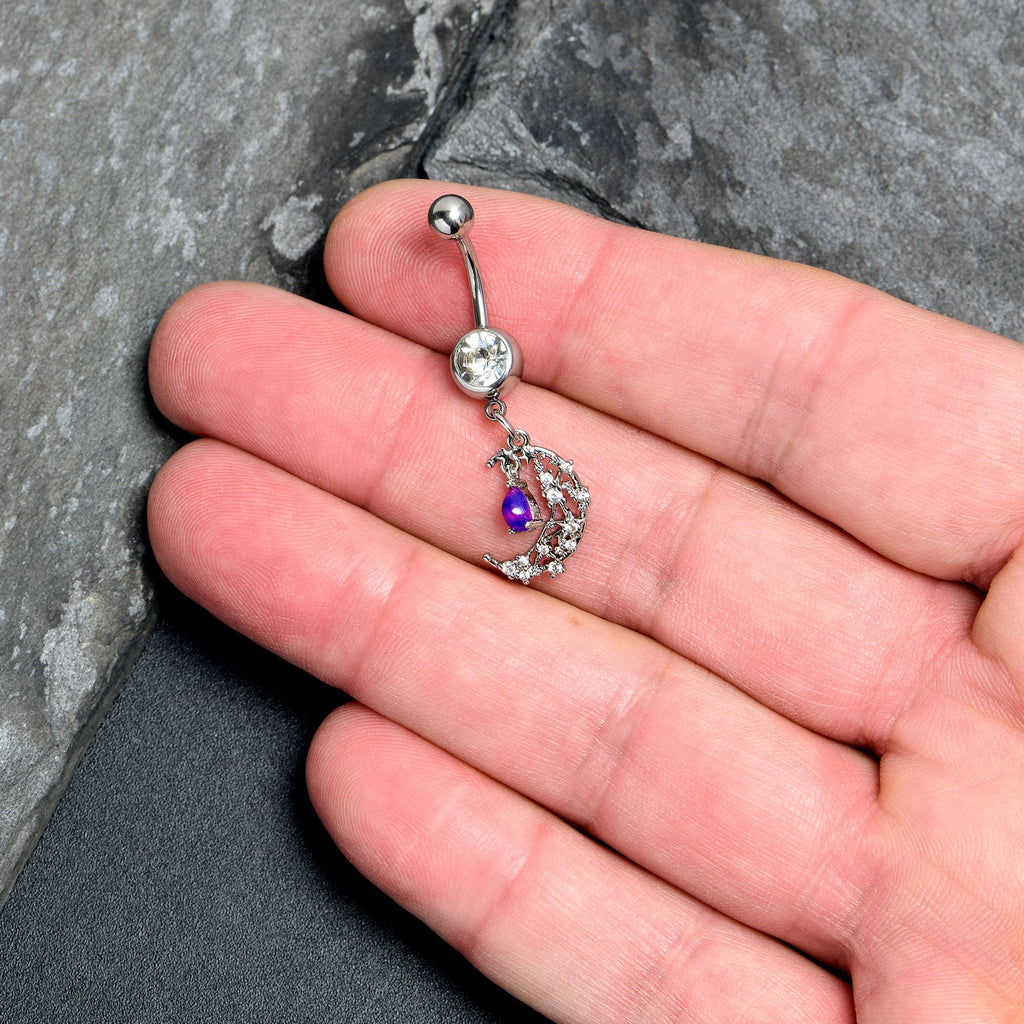 BodyCandy Purple Clear Gem Constellation Moon Dangle Belly Ring — detail close-up