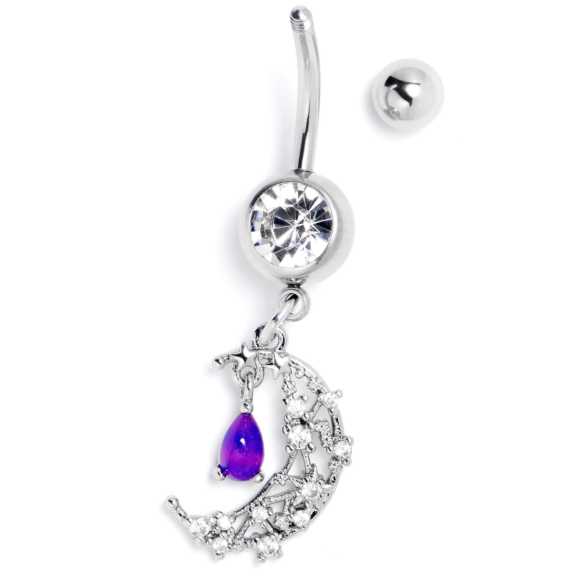 BodyCandy Purple Clear Gem Constellation Moon Dangle Belly Ring — side view