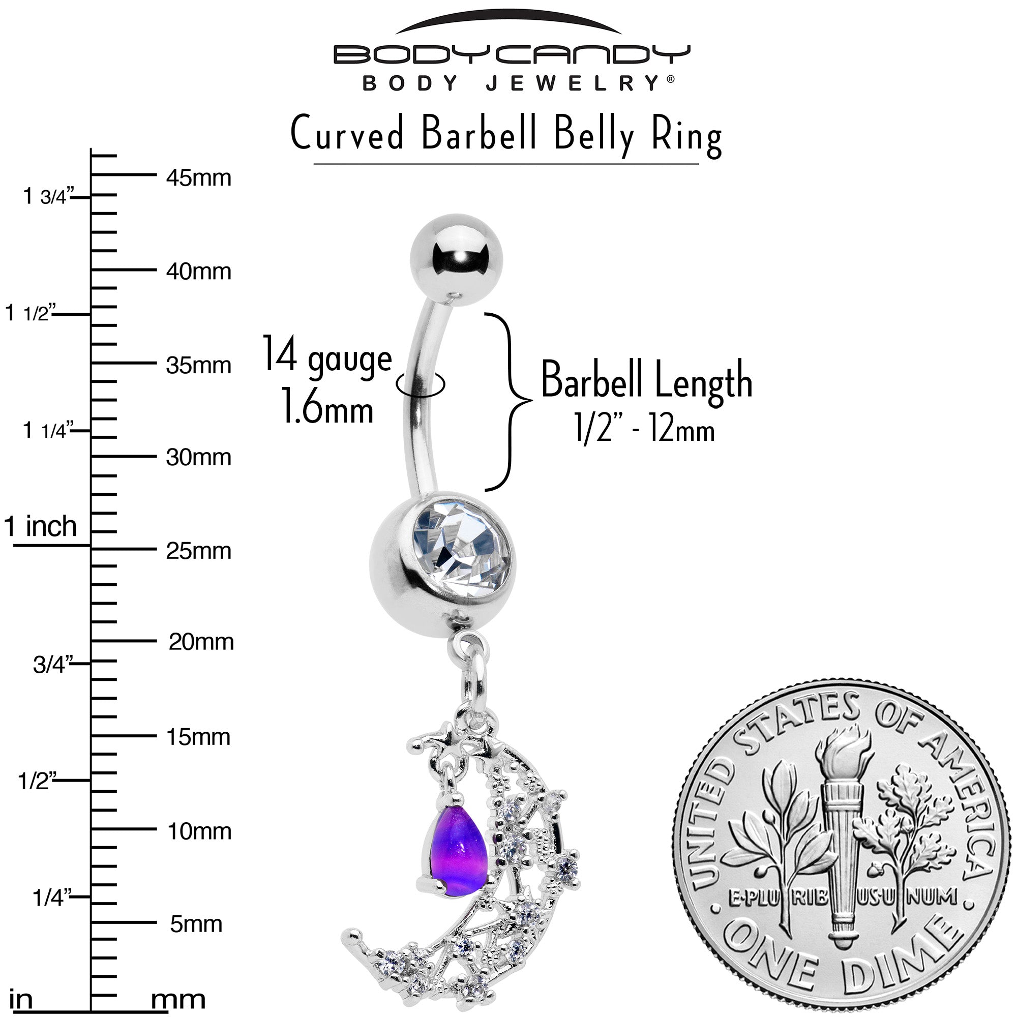 BodyCandy Purple Clear Gem Constellation Moon Dangle Belly Ring — alternative angle