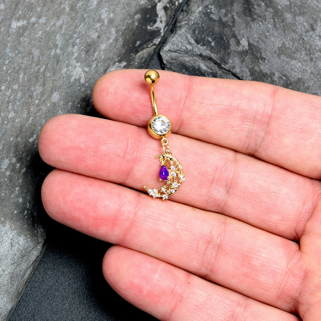 BodyCandy Purple Gem Gold Tone Constellation Moon Dangle Belly Ring — detail close-up