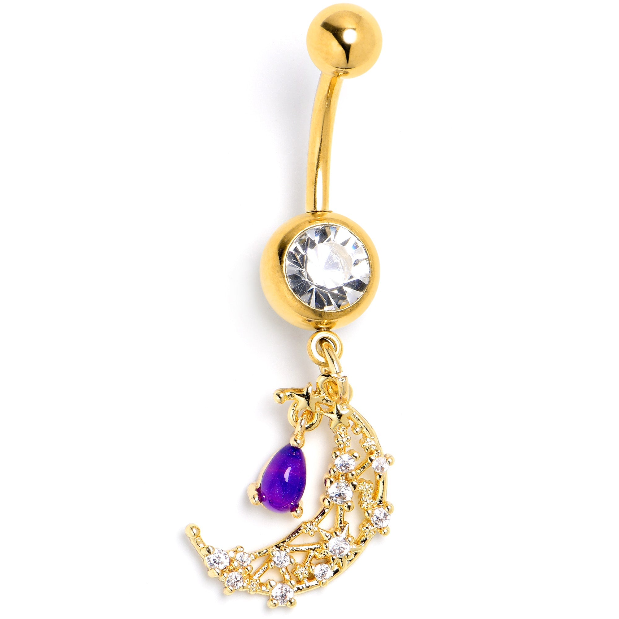 BodyCandy Purple Gem Gold Tone Constellation Moon Dangle Belly Ring — lifestyle context