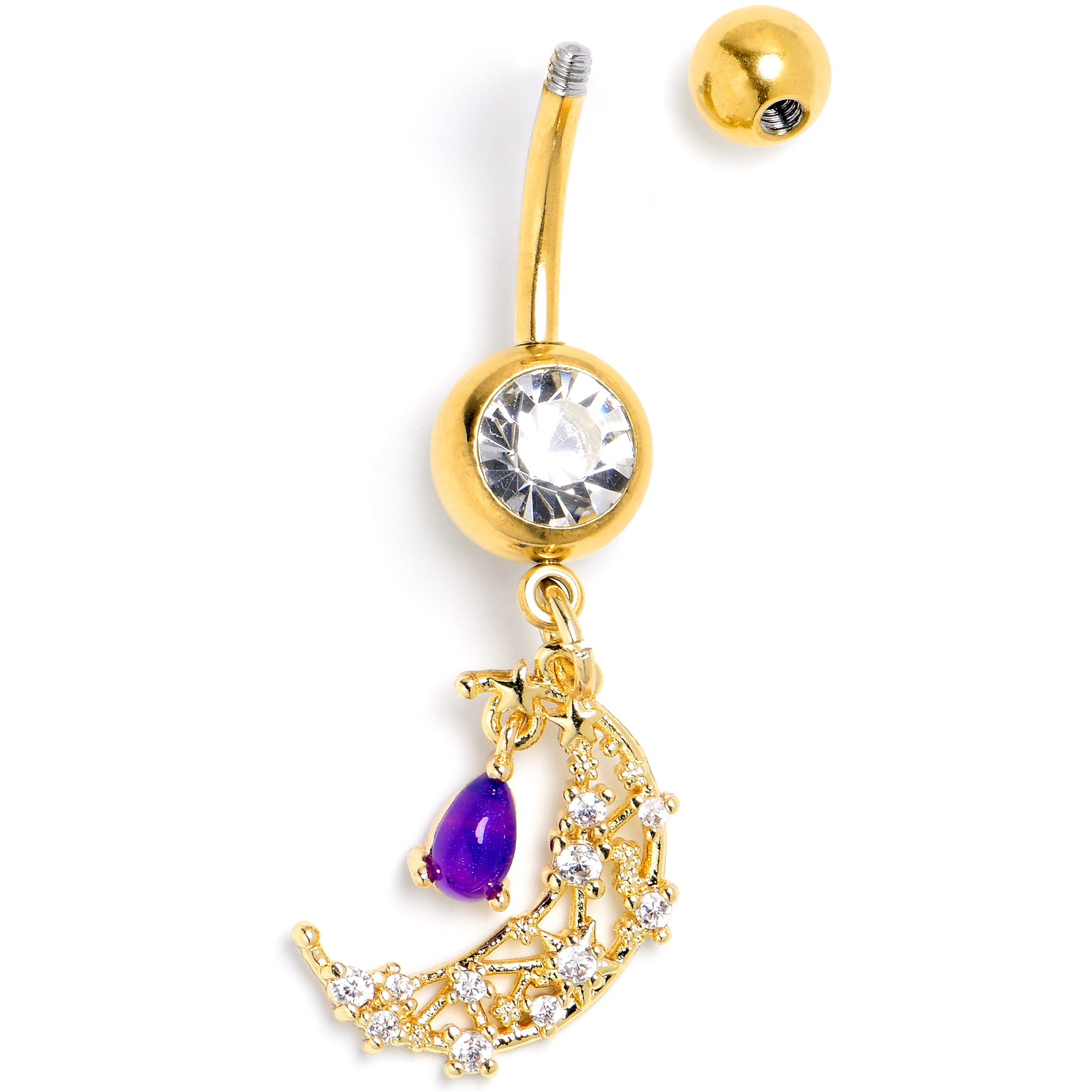 BodyCandy Purple Gem Gold Tone Constellation Moon Dangle Belly Ring — side view