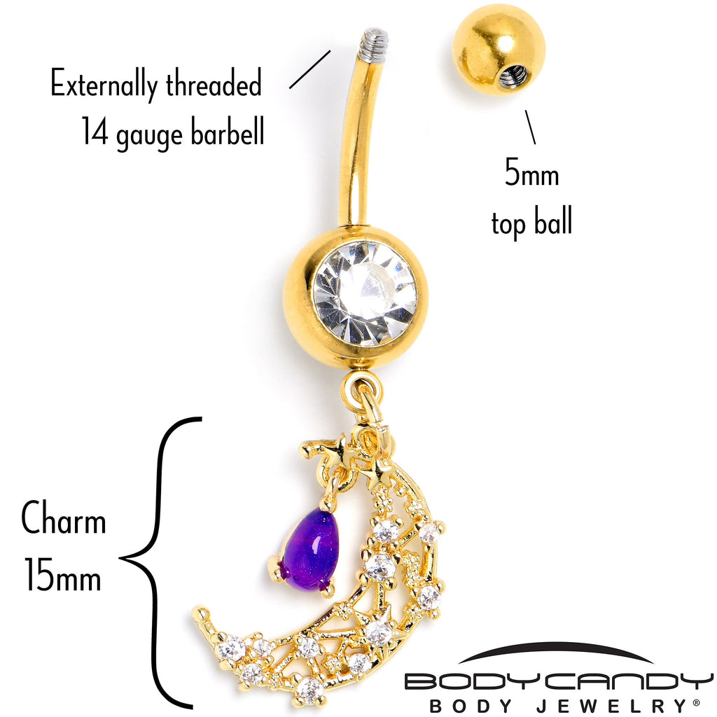 BodyCandy Purple Gem Gold Tone Constellation Moon Dangle Belly Ring — back view
