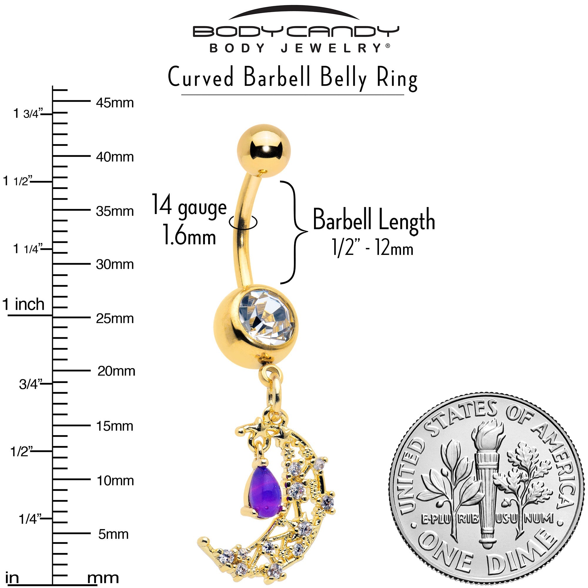 BodyCandy Purple Gem Gold Tone Constellation Moon Dangle Belly Ring — alternative angle