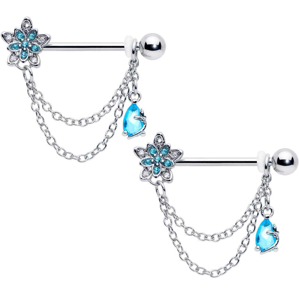 BodyCandy 14G 9/16 Blue CZ Gem Snowflake Flower Chain Dangle Nipple Ring Set — main product shot