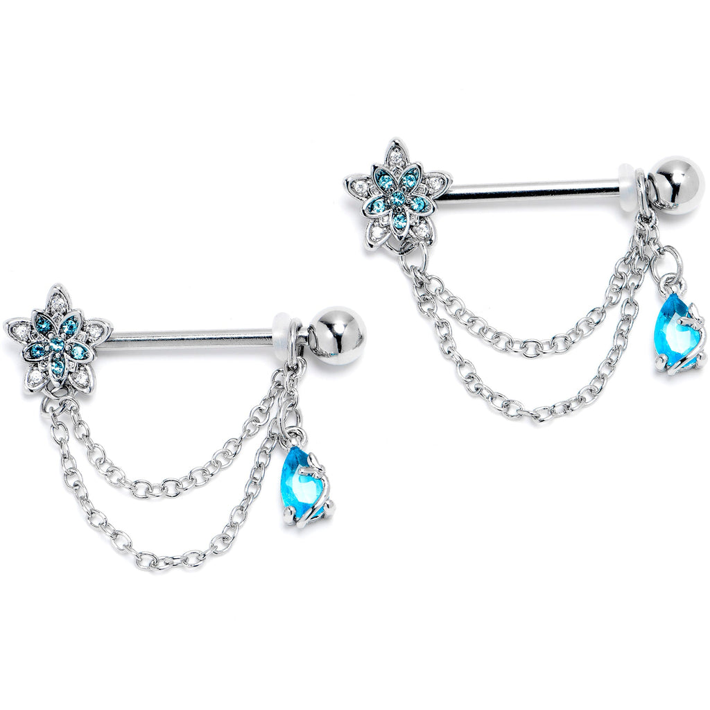 BodyCandy 14G 9/16 Blue CZ Gem Snowflake Flower Chain Dangle Nipple Ring Set — detail close-up