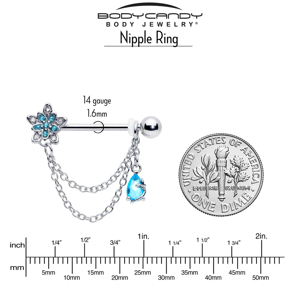 BodyCandy 14G 9/16 Blue CZ Gem Snowflake Flower Chain Dangle Nipple Ring Set — side view