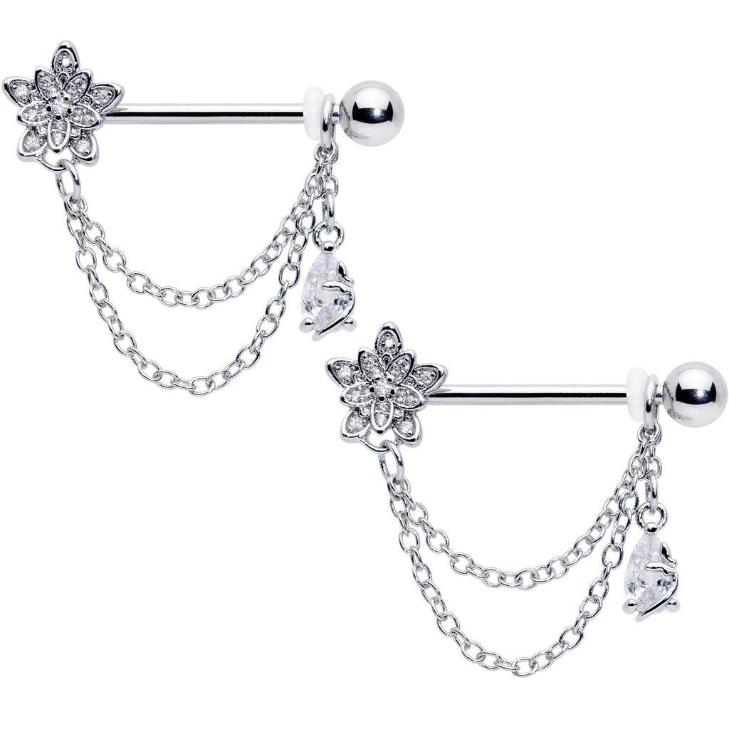 BodyCandy 14G 9/16 Clear CZ Gem Snowflake Flower Chain Dangle Nipple Ring Set — main product shot