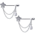 BodyCandy 14G 9/16 Clear CZ Gem Snowflake Flower Chain Dangle Nipple Ring Set — main product shot