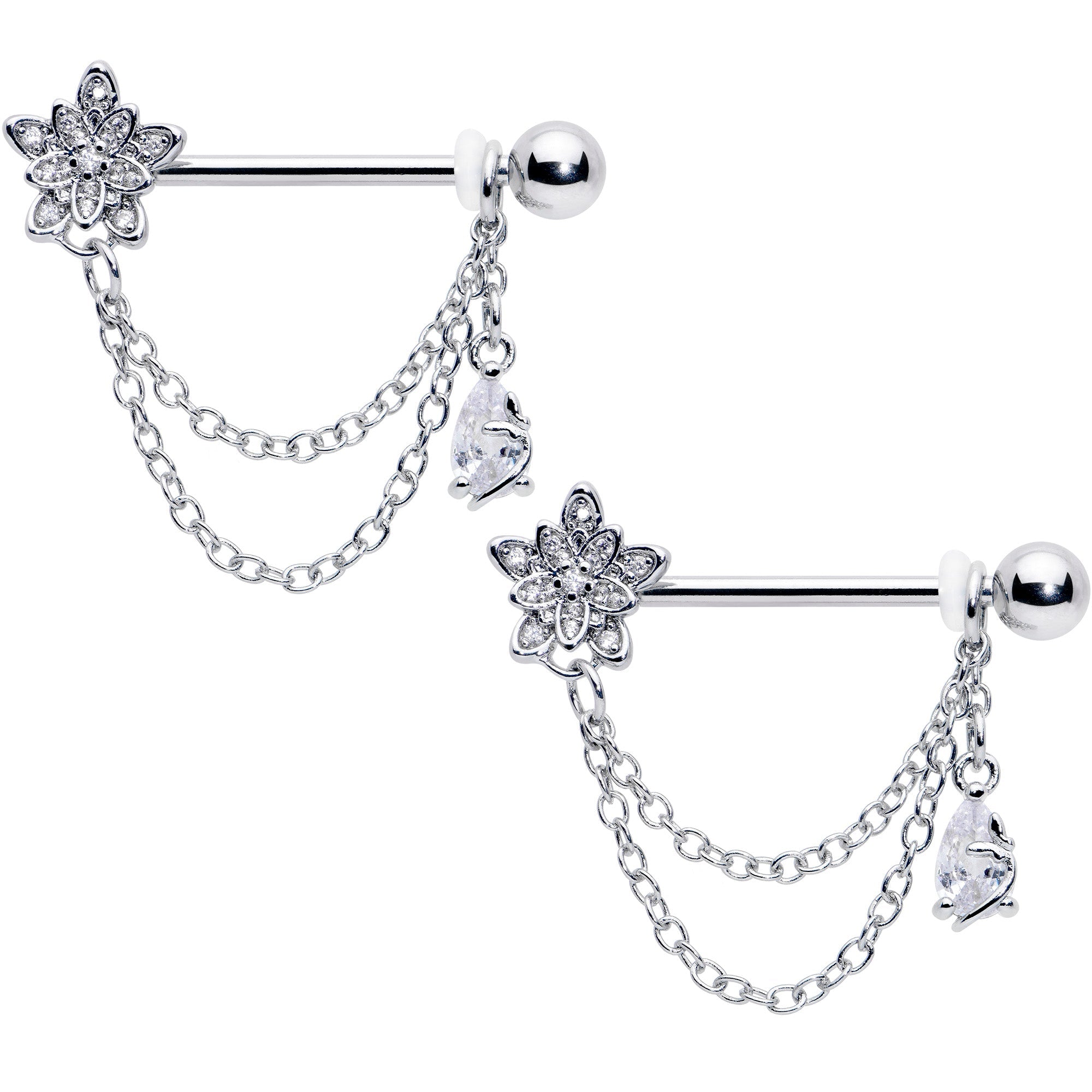 BodyCandy 14G 9/16 Clear CZ Gem Snowflake Flower Chain Dangle Nipple Ring Set — main product shot