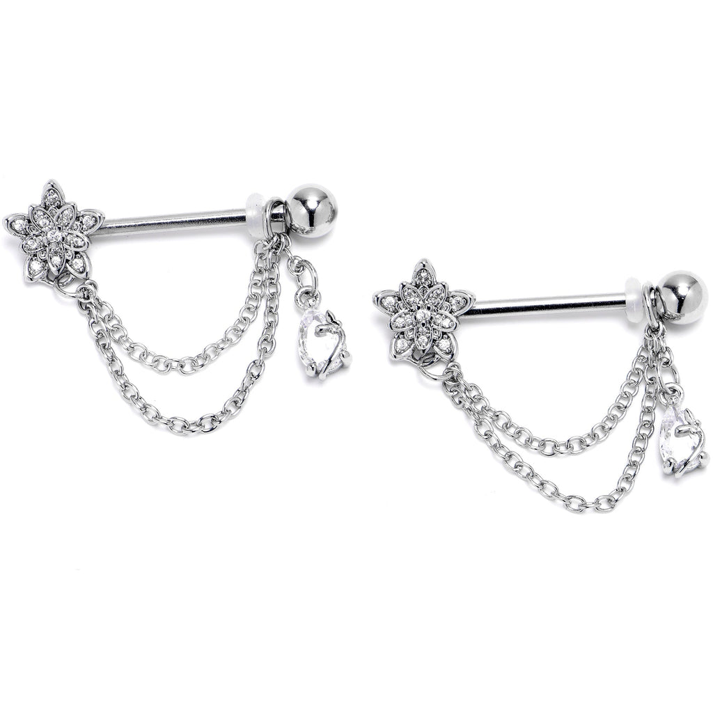 BodyCandy 14G 9/16 Clear CZ Gem Snowflake Flower Chain Dangle Nipple Ring Set — detail close-up