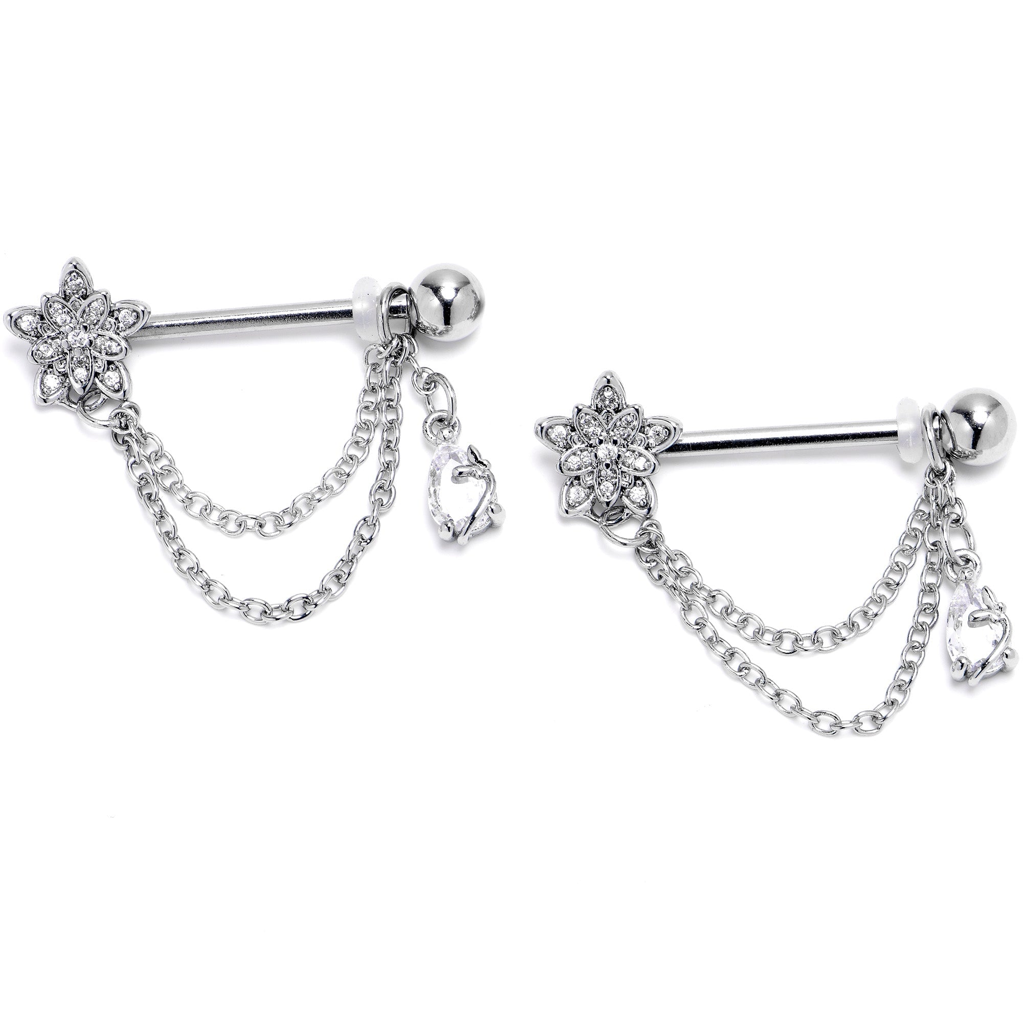 BodyCandy 14G 9/16 Clear CZ Gem Snowflake Flower Chain Dangle Nipple Ring Set — detail close-up