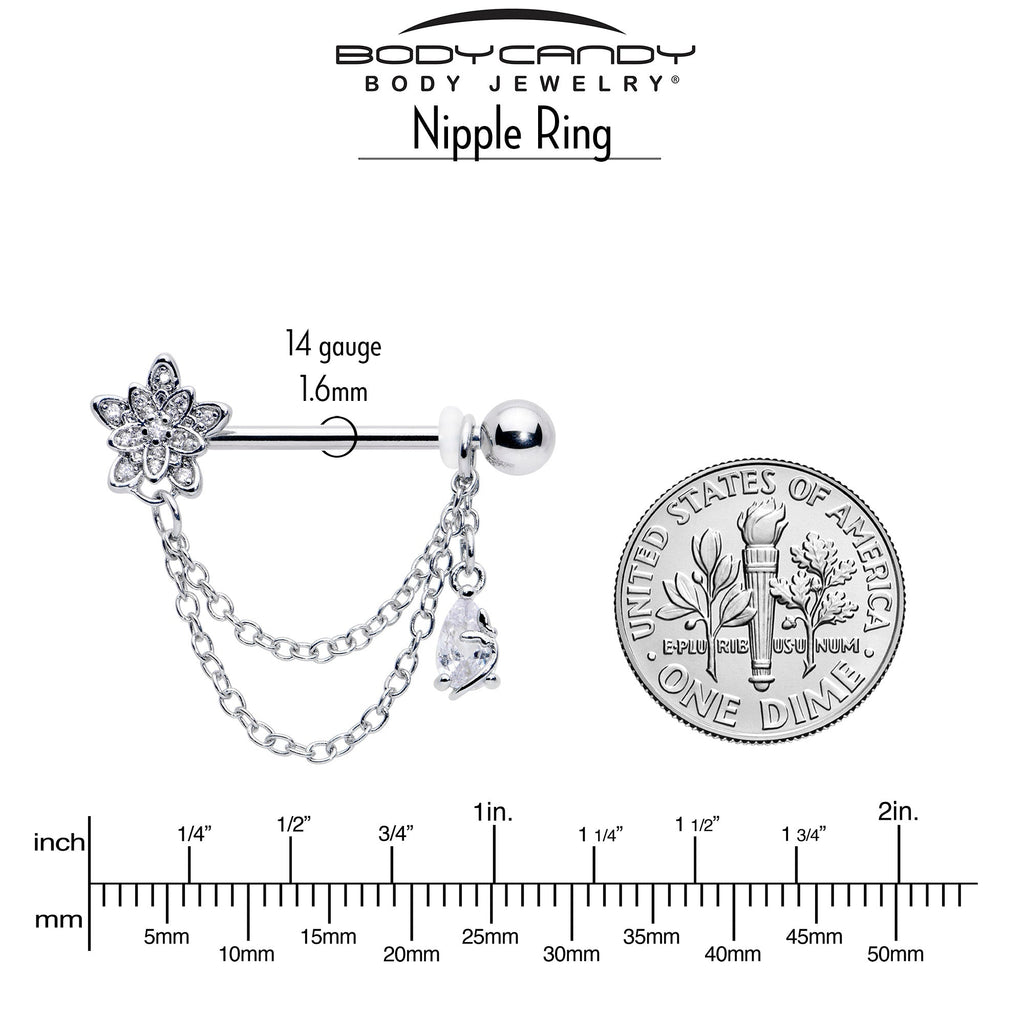 BodyCandy 14G 9/16 Clear CZ Gem Snowflake Flower Chain Dangle Nipple Ring Set — side view