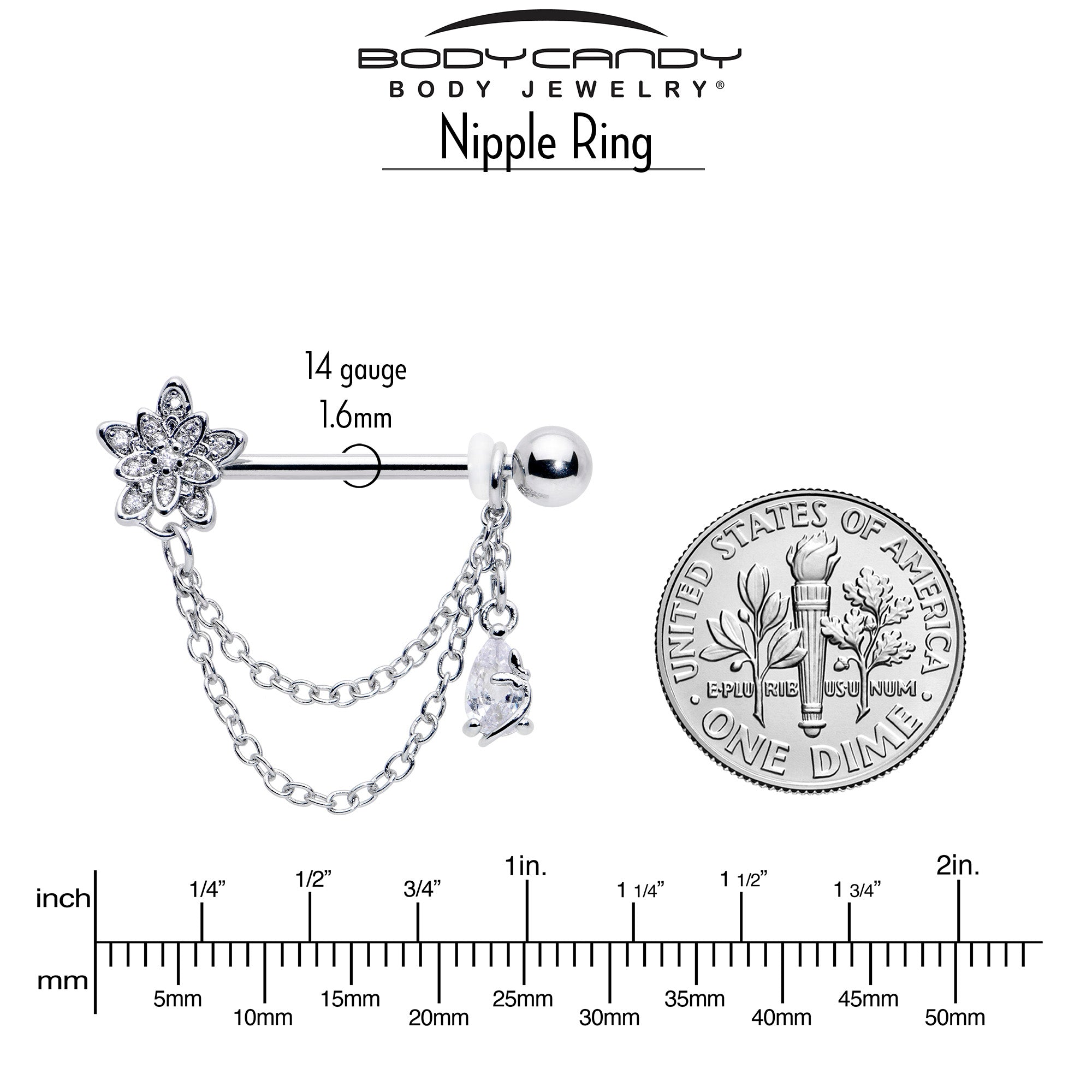BodyCandy 14G 9/16 Clear CZ Gem Snowflake Flower Chain Dangle Nipple Ring Set — side view