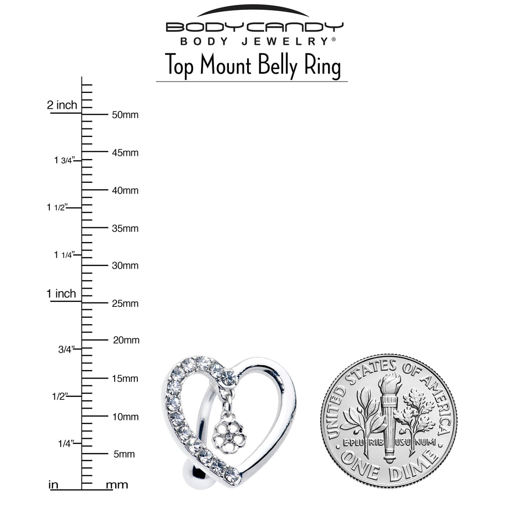 BodyCandy Clear CZ Gem Asymmetrical Heart Flower Dangle Top Mount Belly Ring — detail close-up