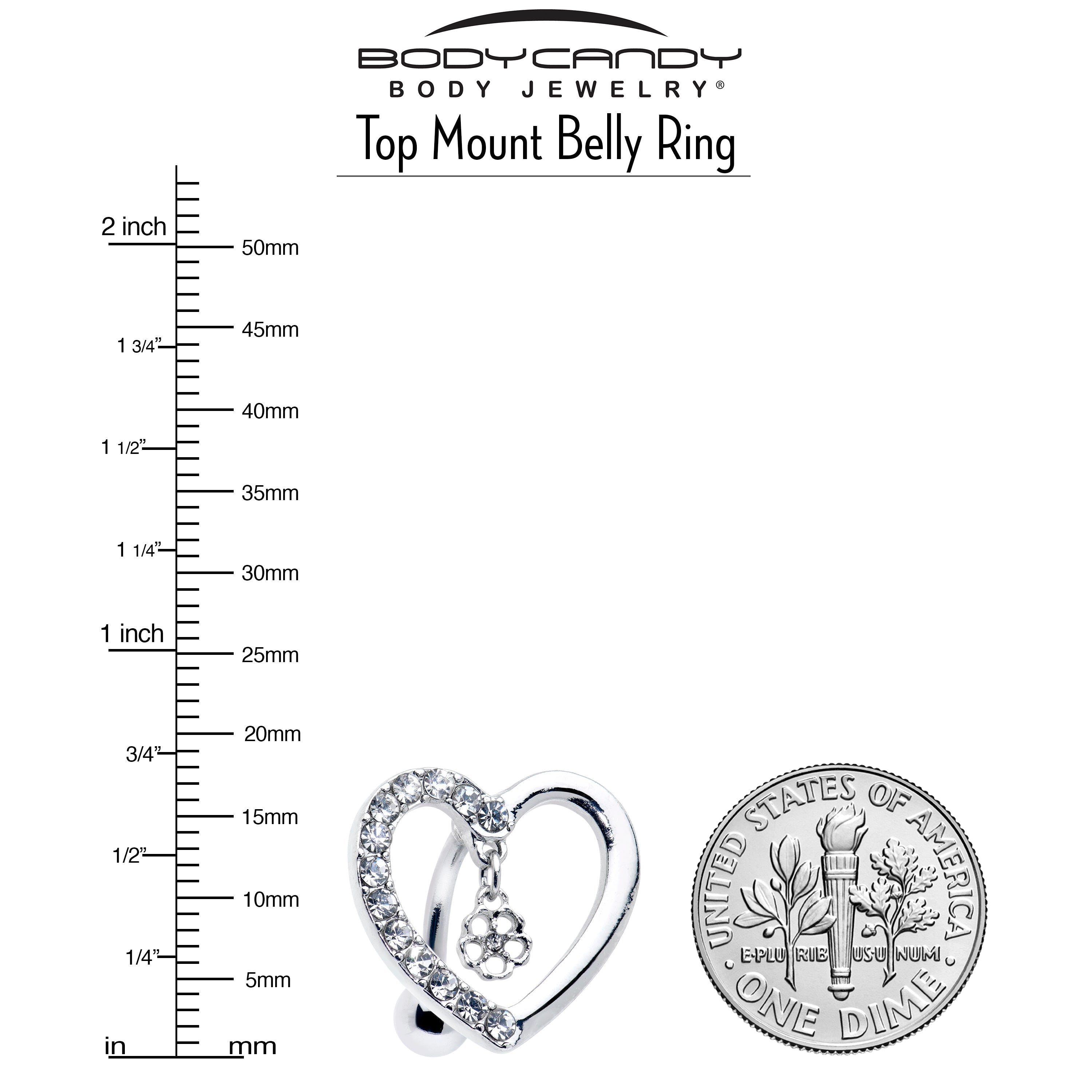 BodyCandy Clear CZ Gem Asymmetrical Heart Flower Dangle Top Mount Belly Ring — detail close-up