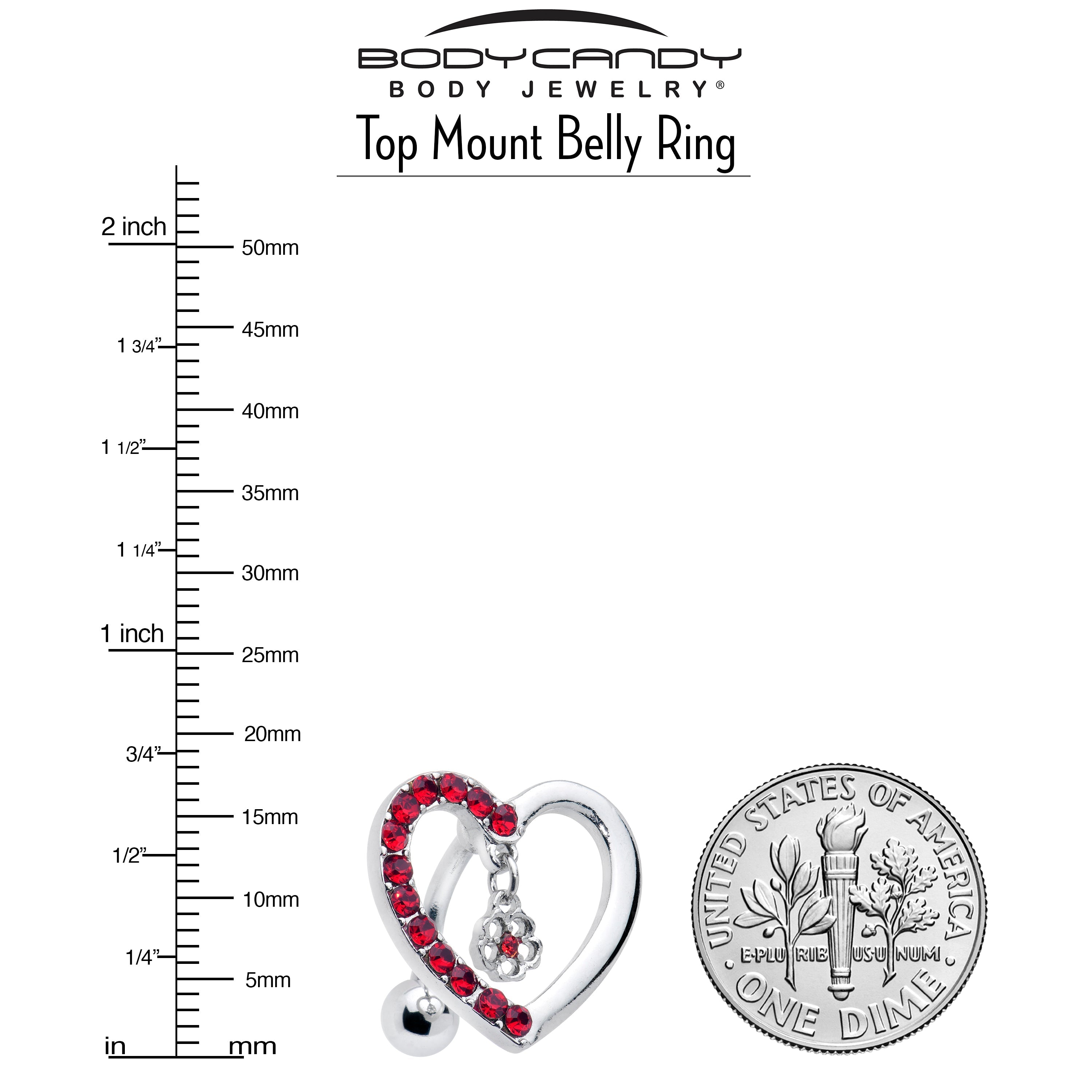 BodyCandy Red CZ Gem Asymmetrical Heart Flower Dangle Top Mount Belly Ring — detail close-up