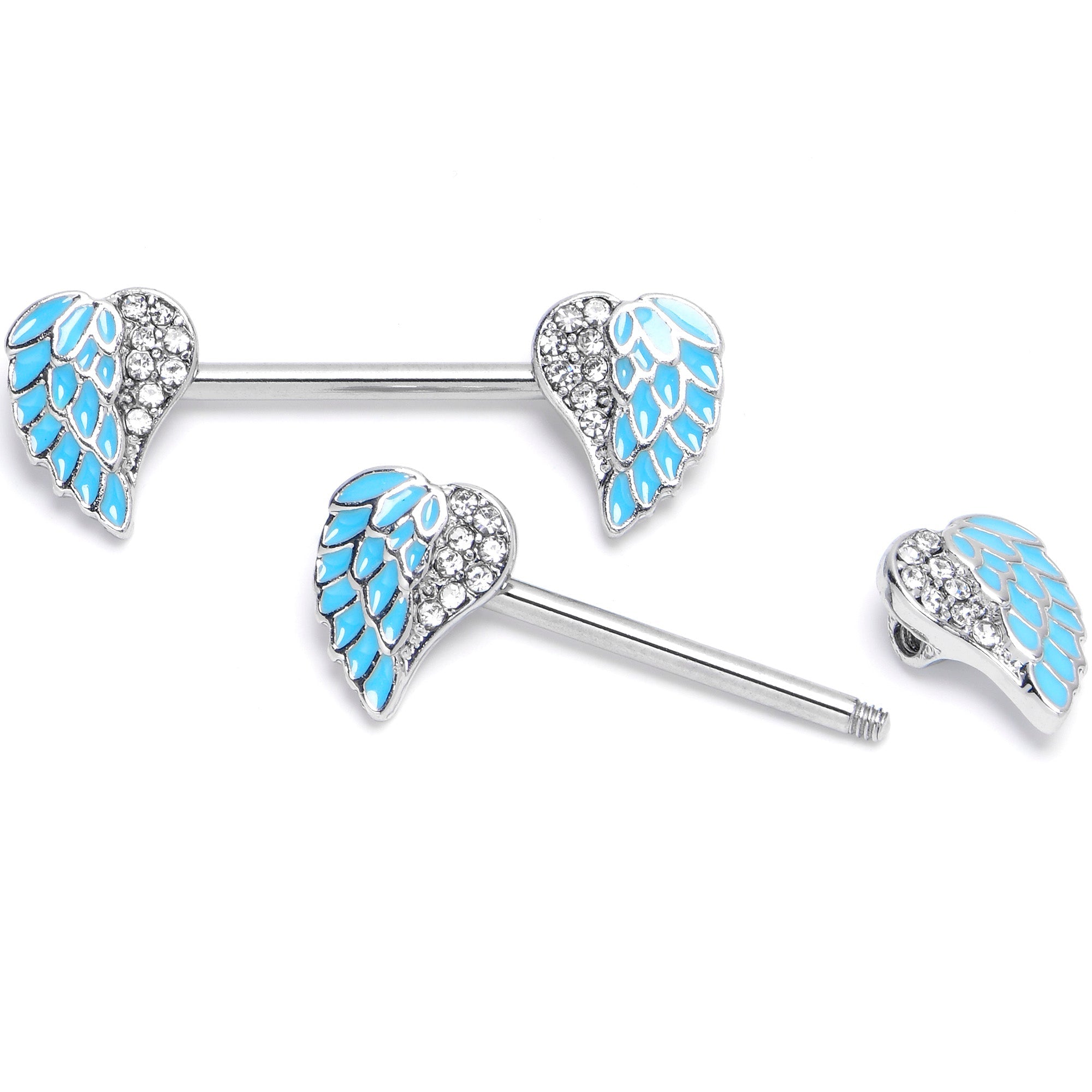 BodyCandy 14G 9/16 Blue Heavenly Heart Angel Wings Barbell Nipple Ring Set — detail close-up