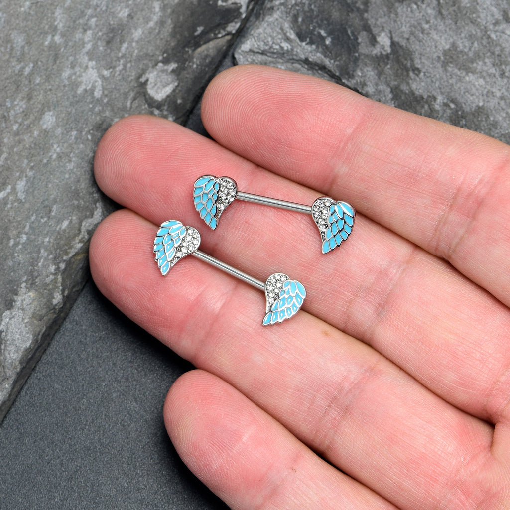 BodyCandy 14G 9/16 Blue Heavenly Heart Angel Wings Barbell Nipple Ring Set — lifestyle context