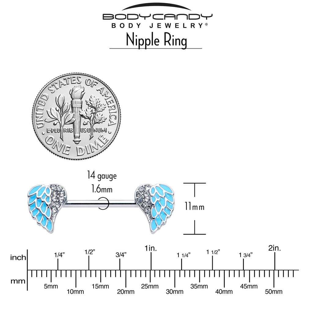BodyCandy 14G 9/16 Blue Heavenly Heart Angel Wings Barbell Nipple Ring Set — side view