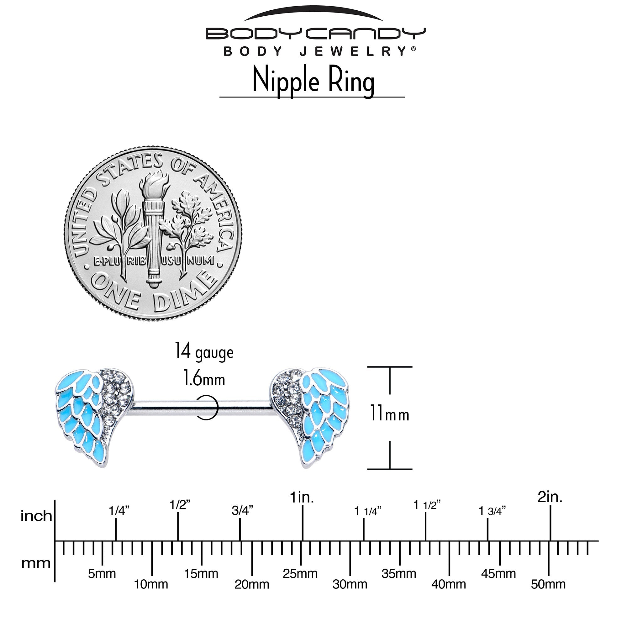 BodyCandy 14G 9/16 Blue Heavenly Heart Angel Wings Barbell Nipple Ring Set — side view