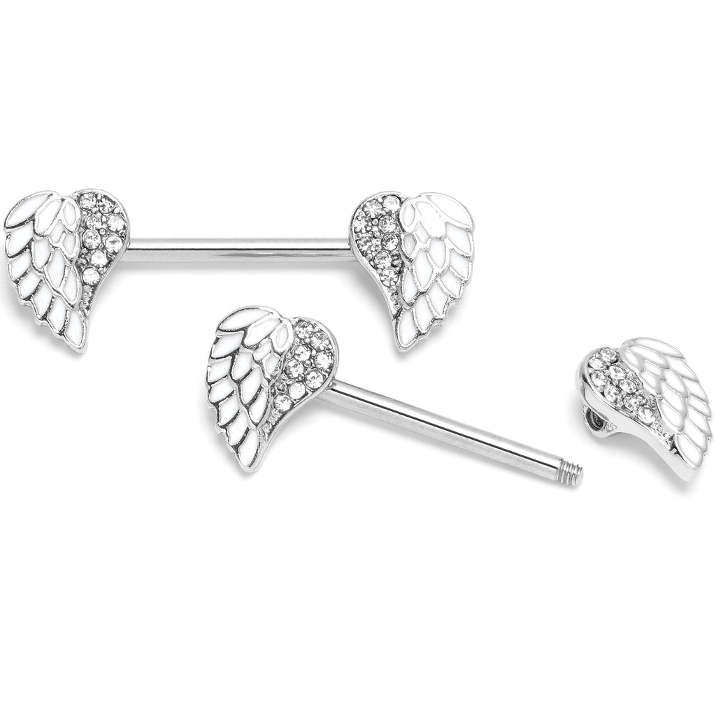 BodyCandy 14G 9/16 White Heavenly Heart Angel Wings Barbell Nipple Ring Set — detail close-up