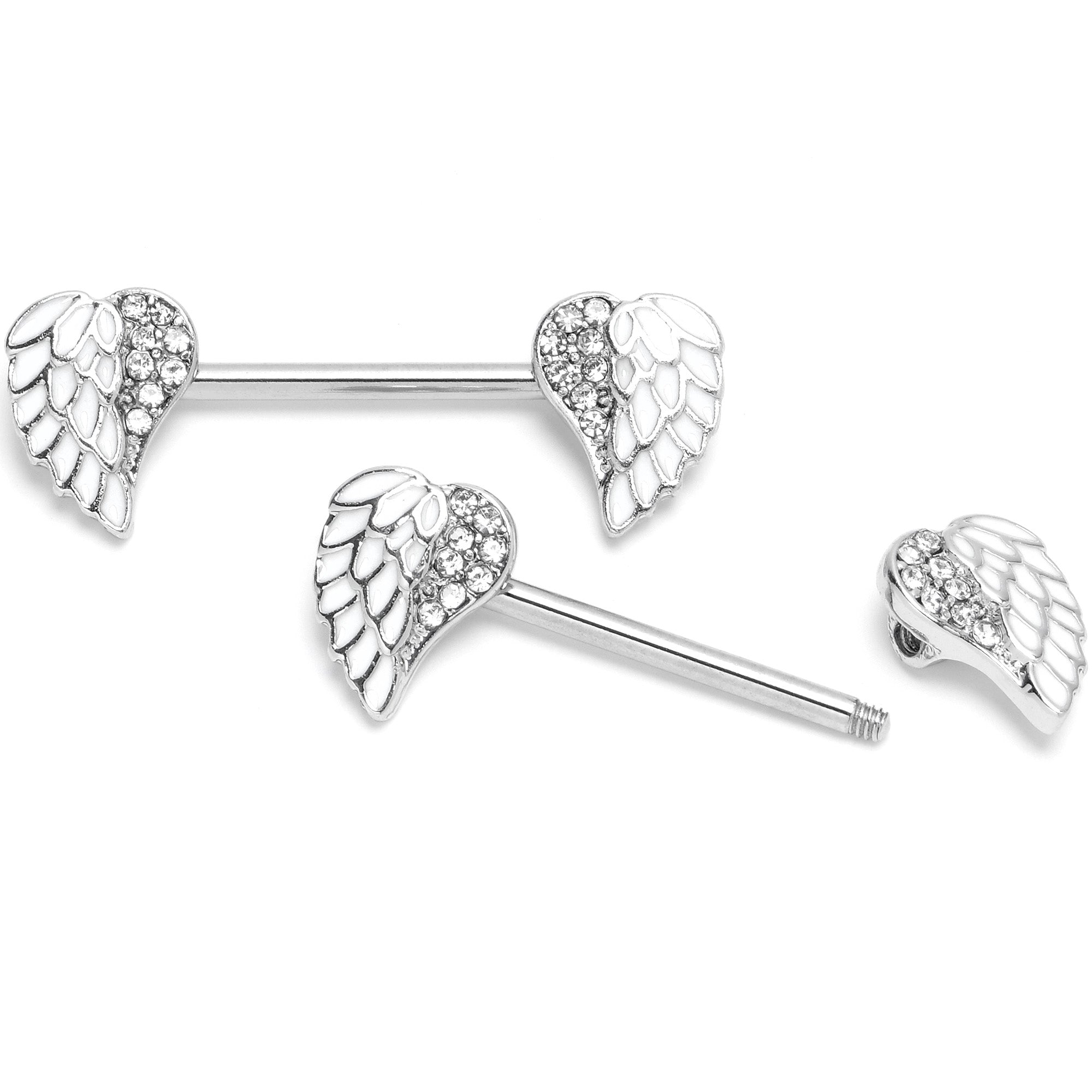 BodyCandy 14G 9/16 White Heavenly Heart Angel Wings Barbell Nipple Ring Set — detail close-up
