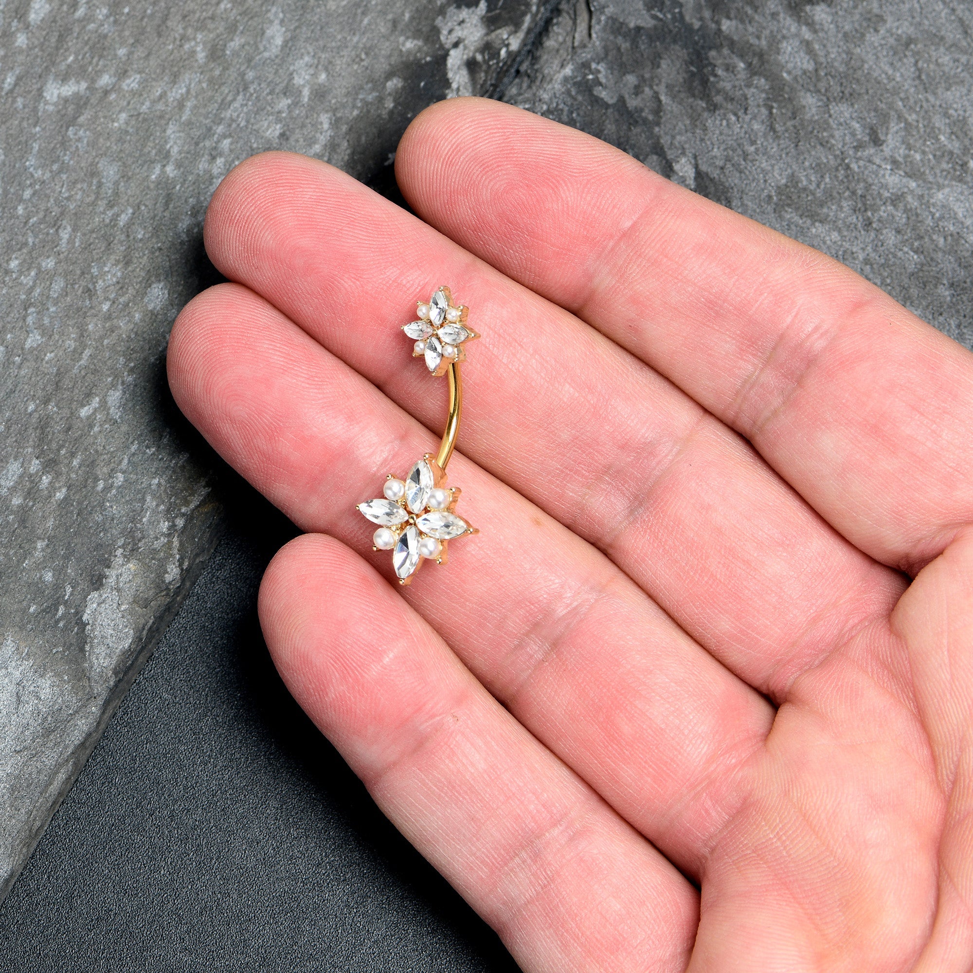 BodyCandy Clear Gem Gold Tone Star Power Double Mount Belly Ring — detail close-up