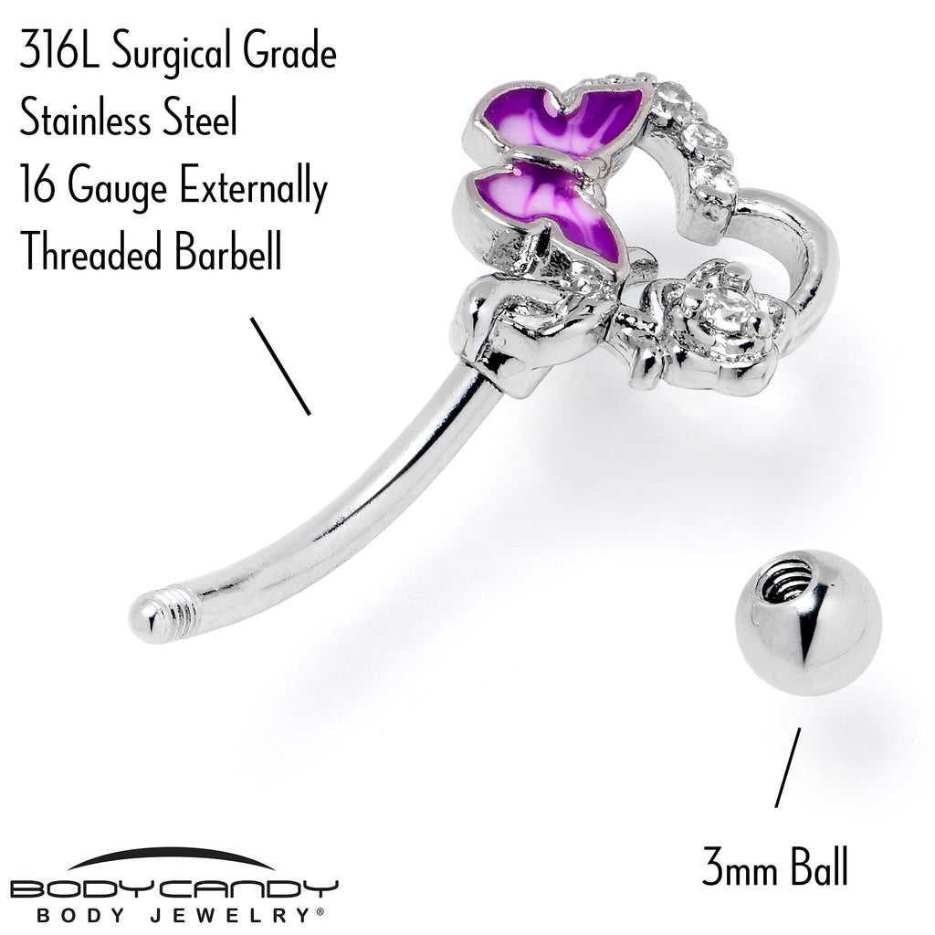 BodyCandy 16G 5/16 Clear CZ Gem Butterfly Rose Purple Curved Eyebrow Ring — back view