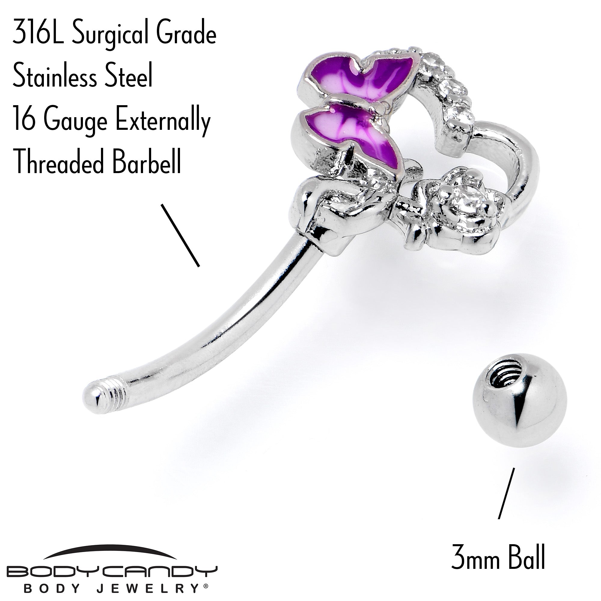 BodyCandy 16G 5/16 Clear CZ Gem Butterfly Rose Purple Curved Eyebrow Ring — back view