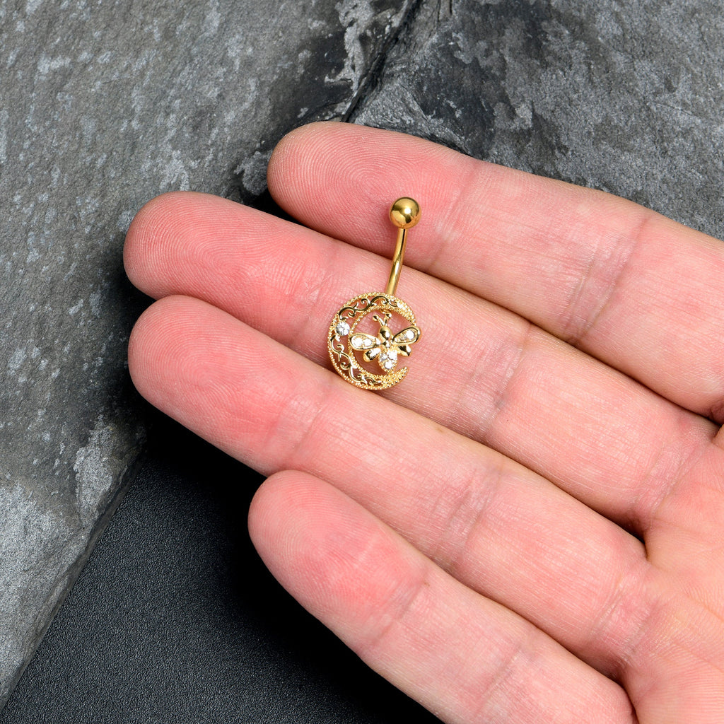 BodyCandy Clear Gem Gold Tone Lunar Dragonfly Belly Ring — detail close-up
