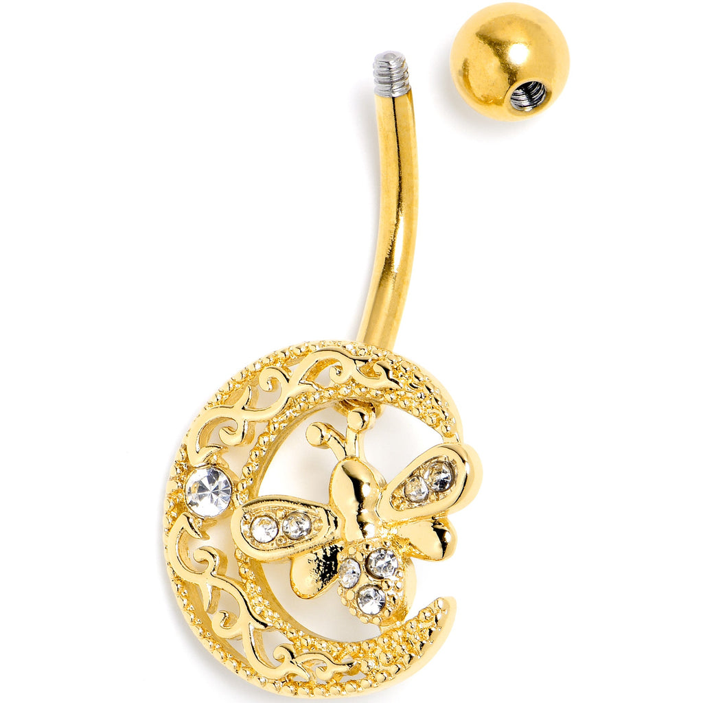 BodyCandy Clear Gem Gold Tone Lunar Dragonfly Belly Ring — side view