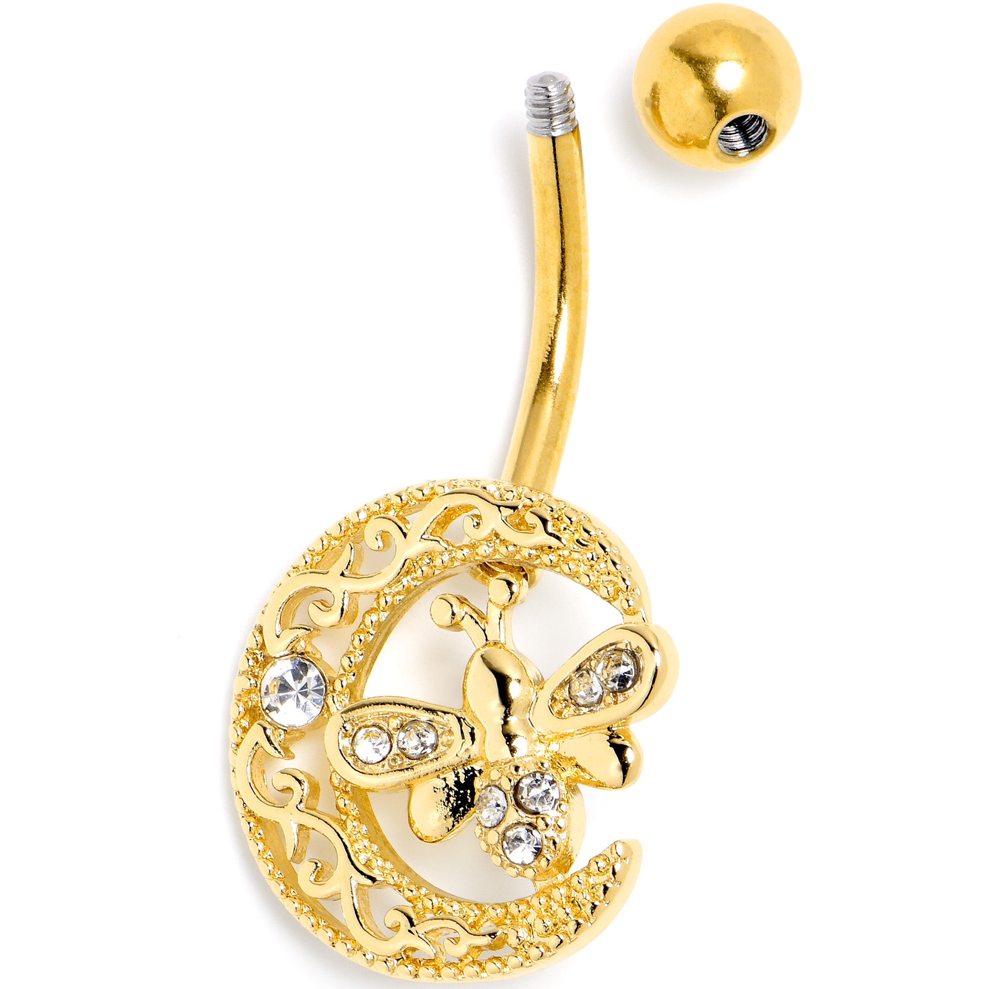 BodyCandy Clear Gem Gold Tone Lunar Dragonfly Belly Ring — side view