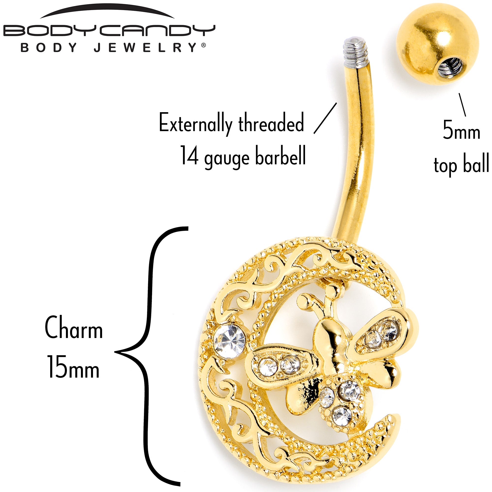 BodyCandy Clear Gem Gold Tone Lunar Dragonfly Belly Ring — back view