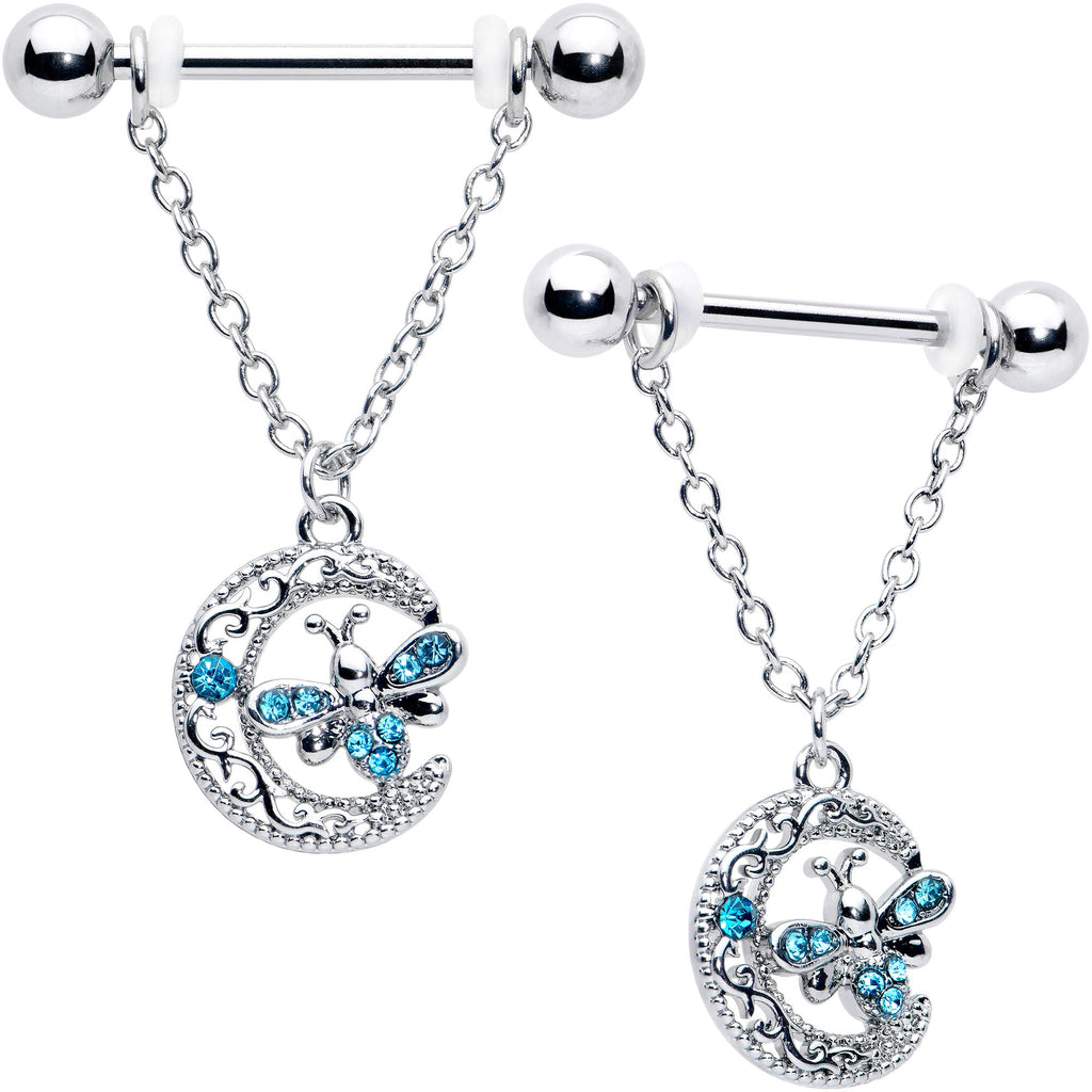 BodyCandy 14G 9/16 Blue Gem Lunar Dragonfly Chain Dangle Nipple Ring Set — main product shot