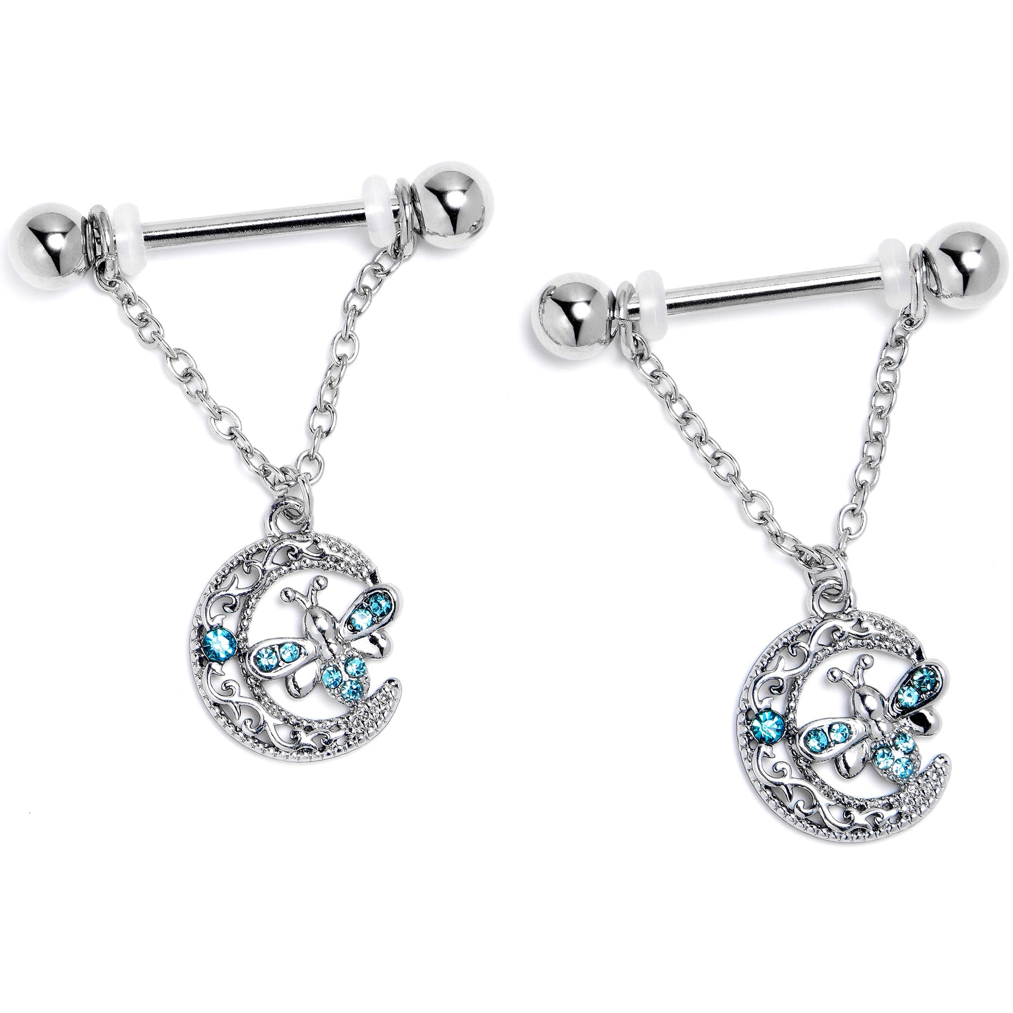 BodyCandy 14G 9/16 Blue Gem Lunar Dragonfly Chain Dangle Nipple Ring Set — lifestyle context