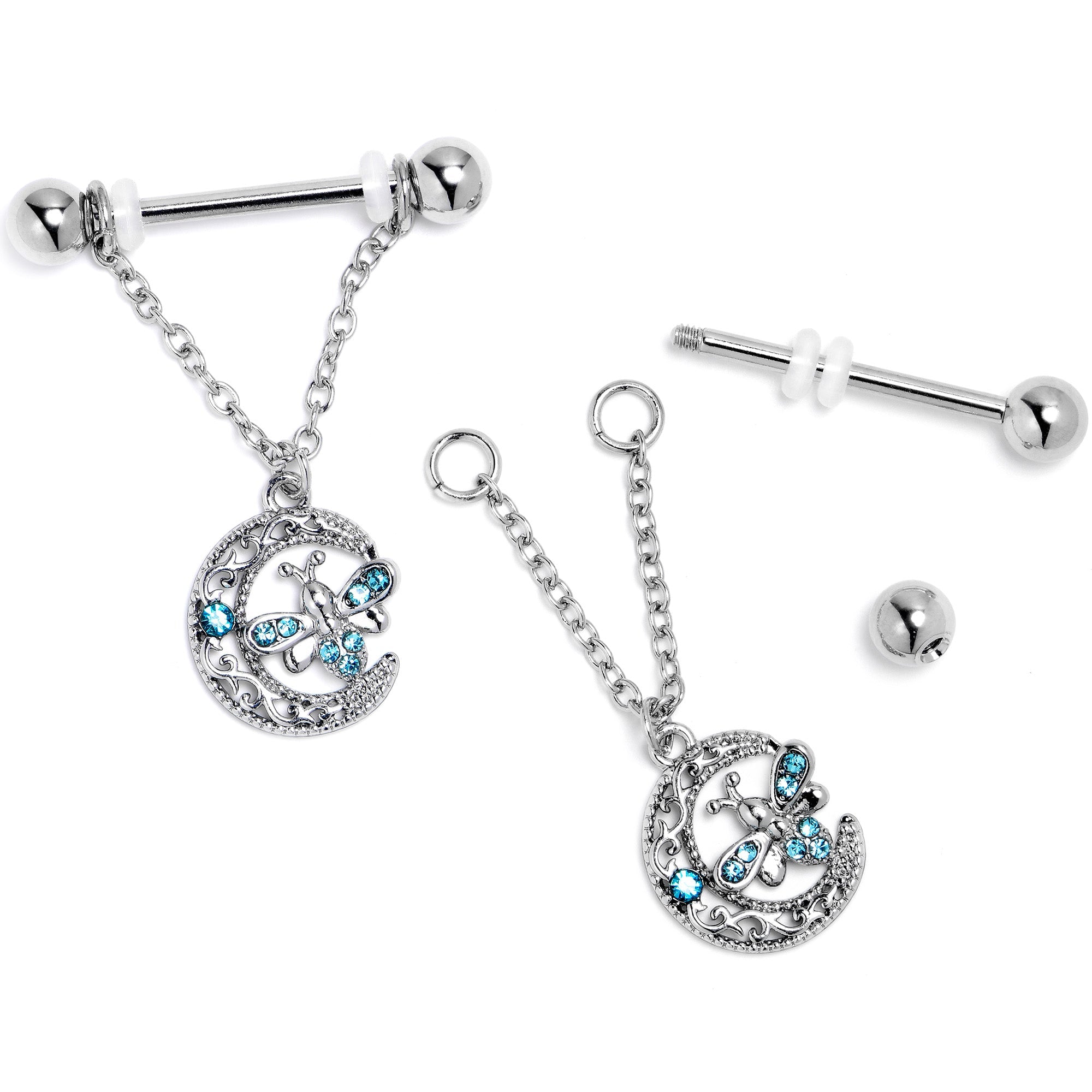 BodyCandy 14G 9/16 Blue Gem Lunar Dragonfly Chain Dangle Nipple Ring Set — side view